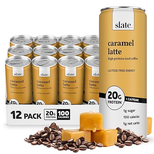 Slate Milk - High Protein Iced Coffee - Caramel Latte - 175mg Caffeine, Lactose Free Energy - 20g Protein, 1g Sugar, 100 Calories, 1g Net Carbs, No