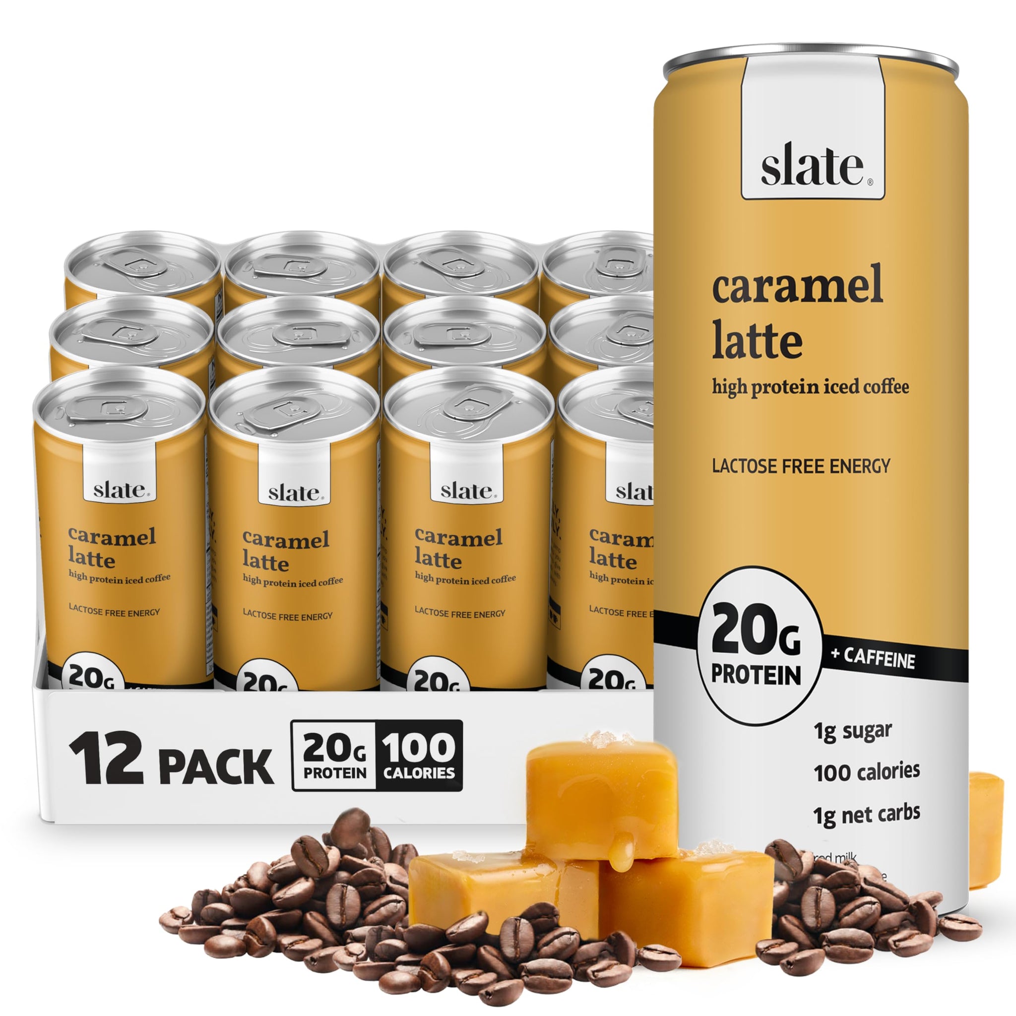 Slate Milk - High Protein Iced Coffee - Caramel Latte - 175mg Caffeine, Lactose Free Energy - 20g Protein, 1g Sugar, 100 Calories, 1g Net Carbs, No