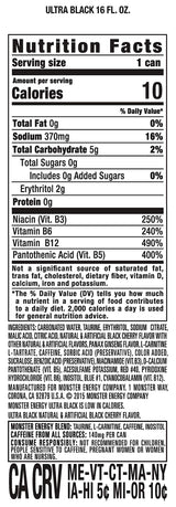 Monster Energy Ultra Black, Sugar Free Energy Drink, 16 Ounce