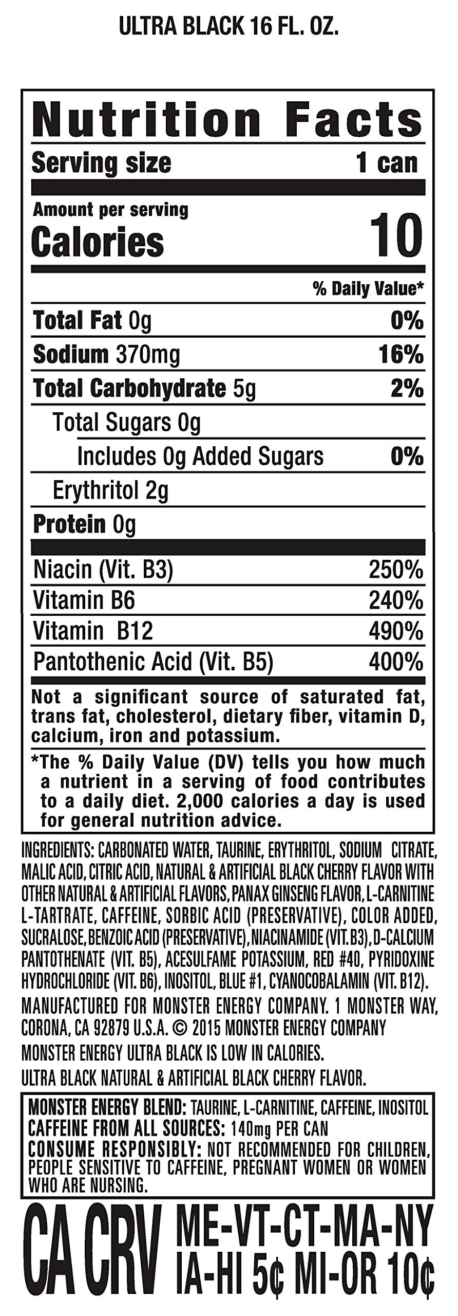 Monster Energy Ultra Black, Sugar Free Energy Drink, 16 Ounce