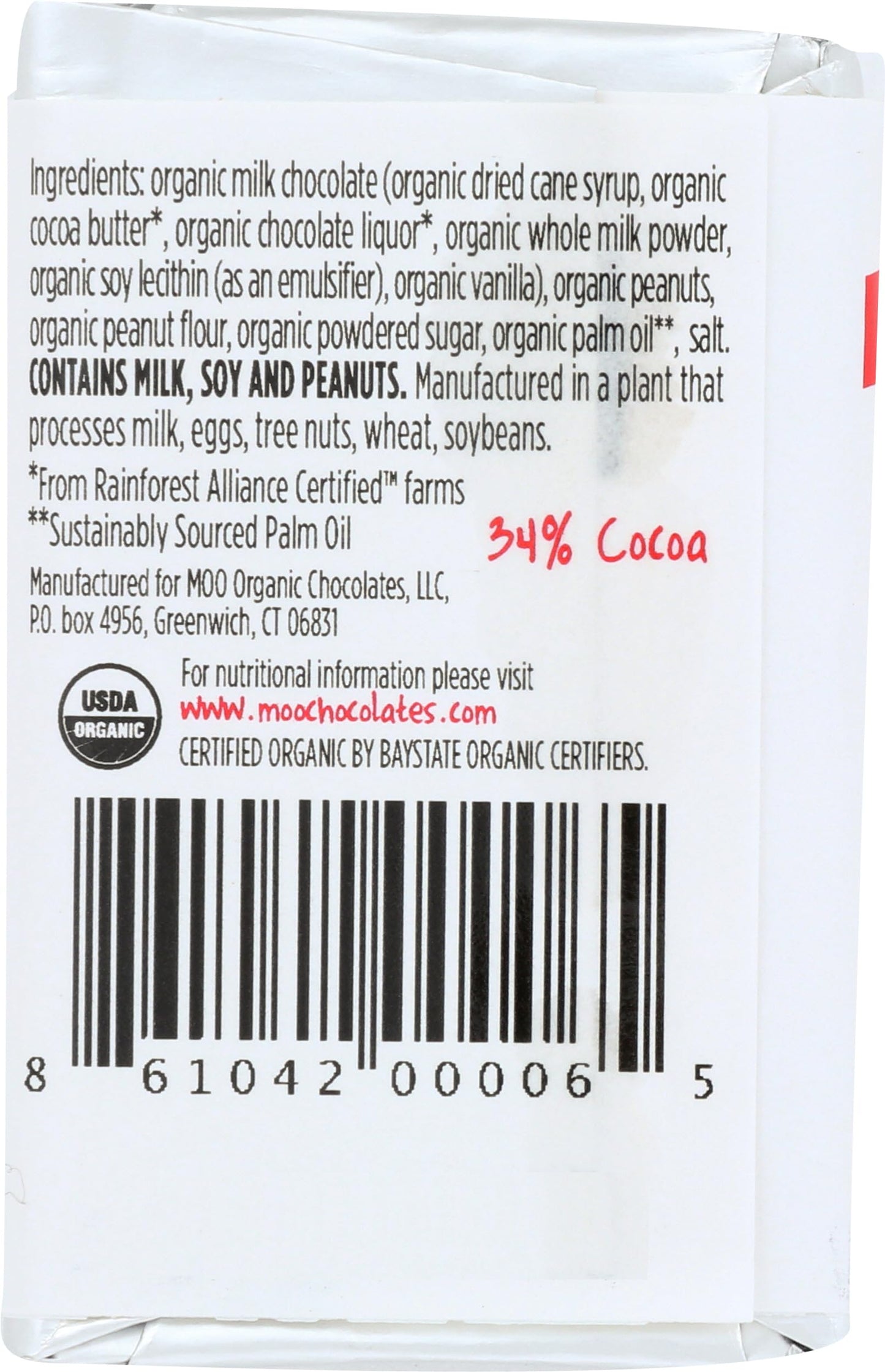 Moo Chocolate Organic Mini Milk Chocolate Peanut Butter Bar, 0.7 OZ