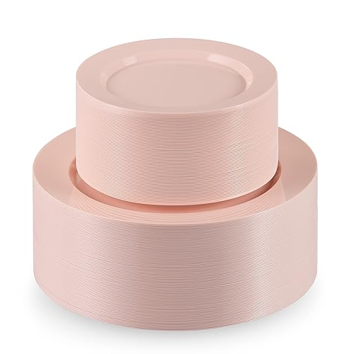 Munfix 100 Pink Plastic Plates Set, 50 Pcs 10 Inch Plastic Dinner Plates and 50 Pcs 7 Inch Plastic Dessert Plates, Elegant Fancy Heavy Duty Disposable