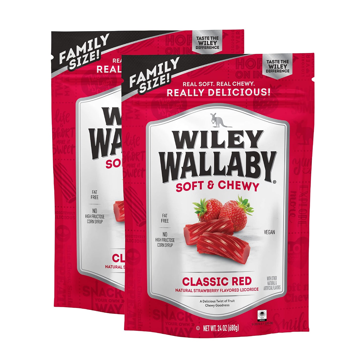 Wiley Wallaby Strawberry Licorice 24 Ounce Classic Gourmet Soft & Chewy Australian Red Licorice Candy Twists, 2 Pack