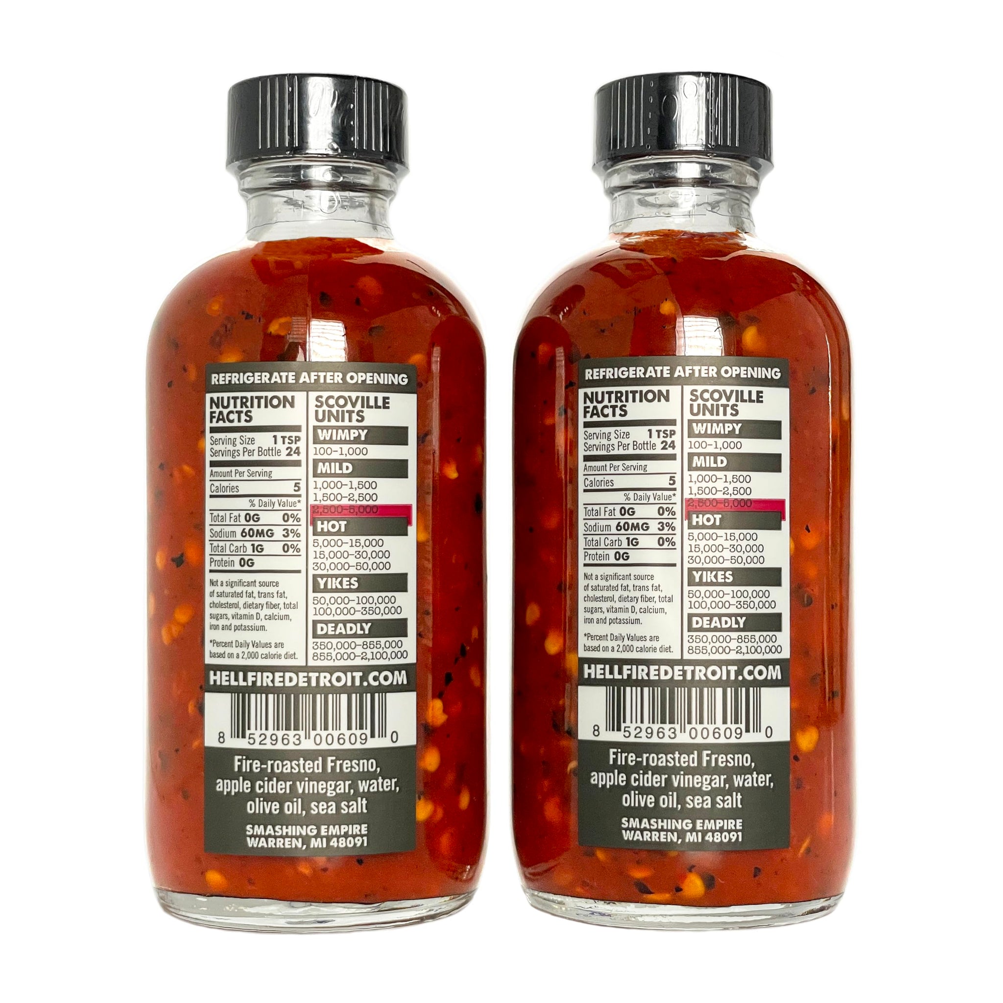 Hell Fire Detroit Fresno Hot Sauce (Medium), Crafted with Fresh, Fire-Roasted Fresno Chile Peppers, All-Natural, Vegan, Gluten-Free, Low Sodium - 4 Fl