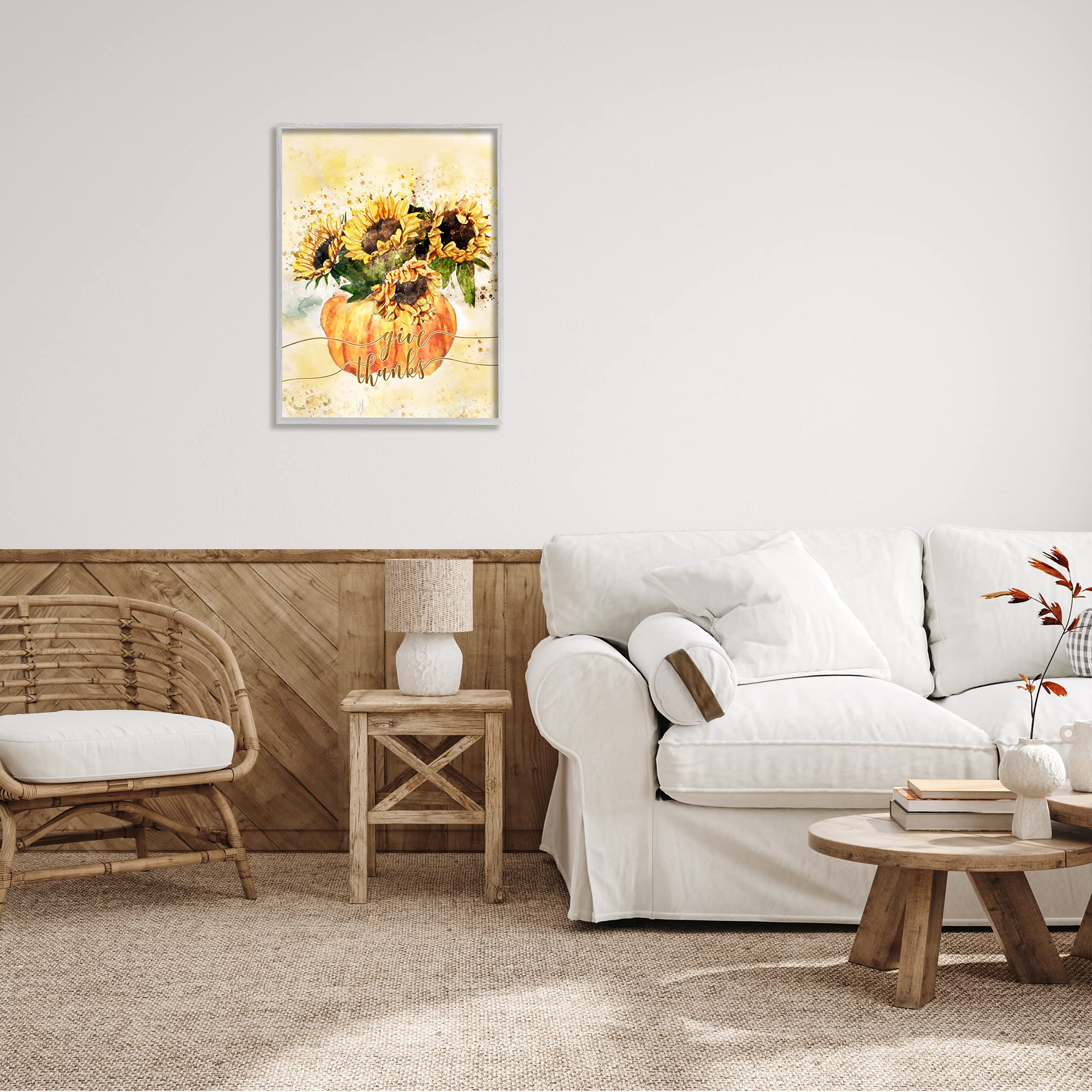 Stupell Industries Give Thanks Phrase Orange Pumpkin Sunflower Floral Burst, Design by Ziwei Li