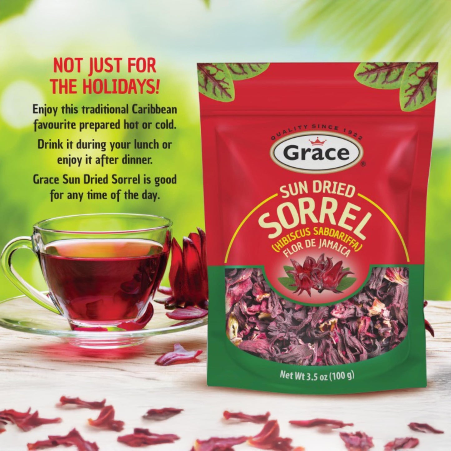 Grace Sun Dried Sorrel 3.5oz - 1 Pack - Jamaica Leaves - Flor de Jamaica - Hibicus Sabdariffa