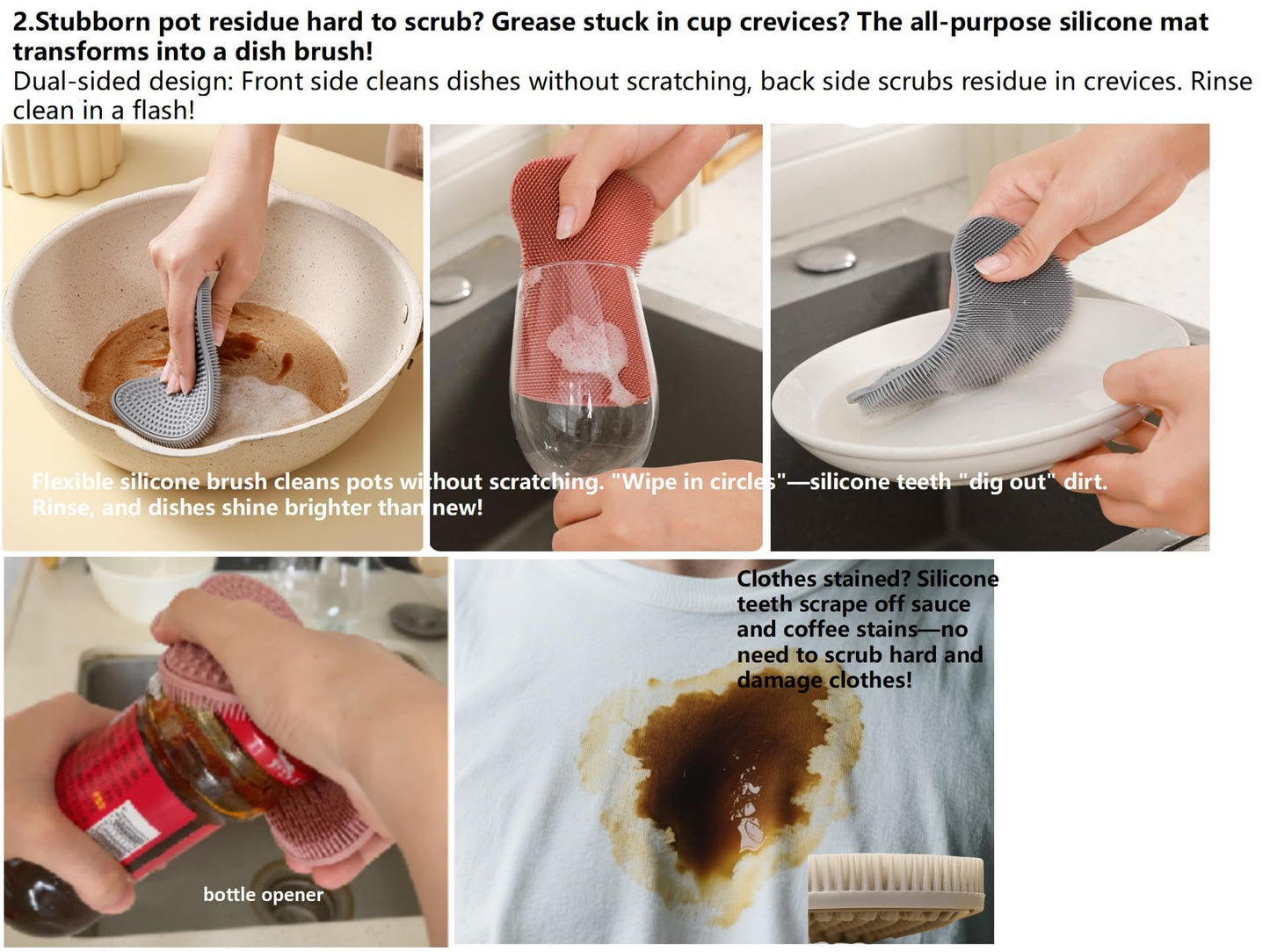 2-Pack Silicone Sponge, Non-Scratch Scrubber & Heat Resistant Pot Holder, Double-Sided Cleaner for Kitchen, Dishes, Pots, Pans, Fruits & Vegetables