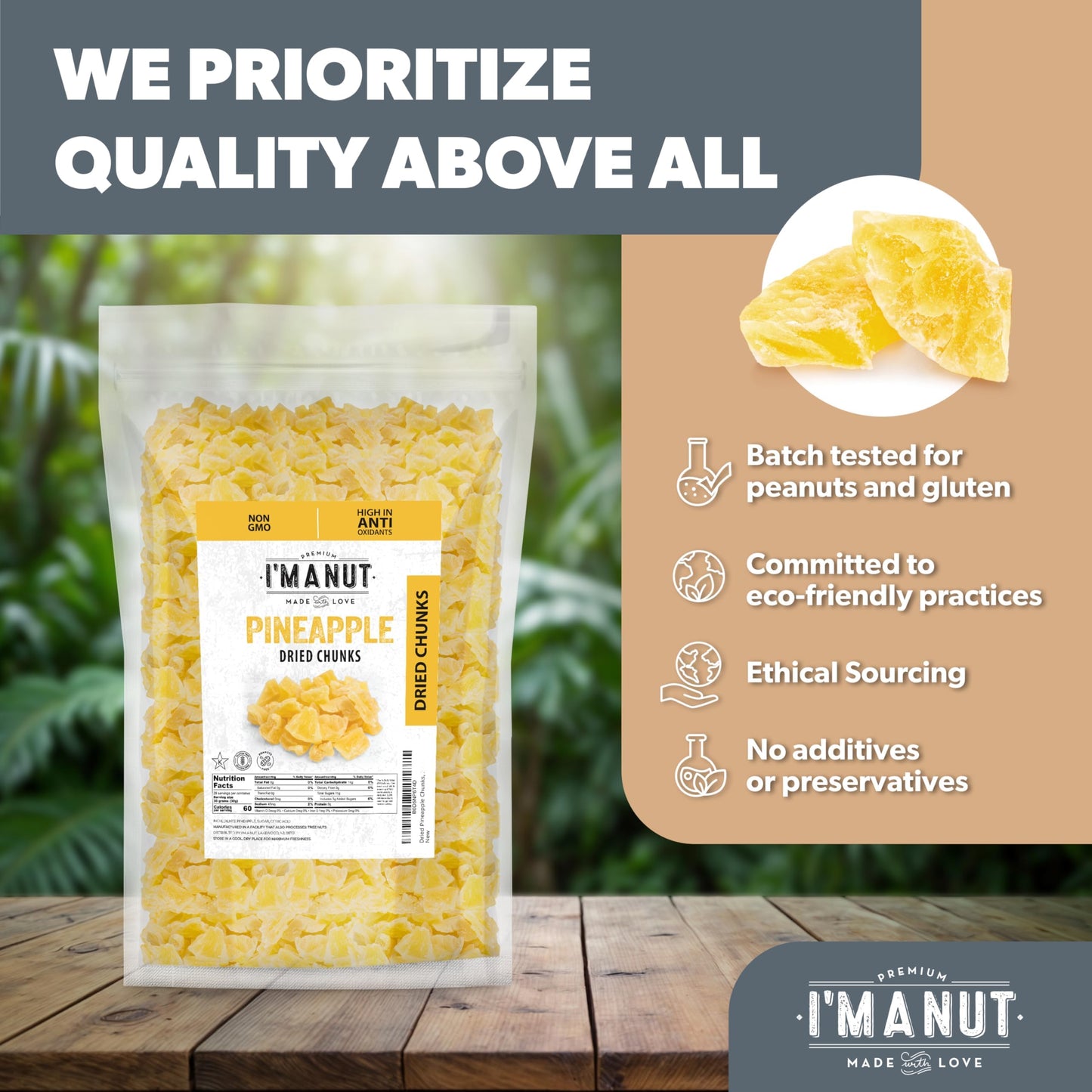 Premium Dried Pineapple Chunks 16oz | Non-GMO, Batch Tested Gluten & Peanut Free | Ethically Sourced for Guilt-Free Snacking | Fresh, Crispy
