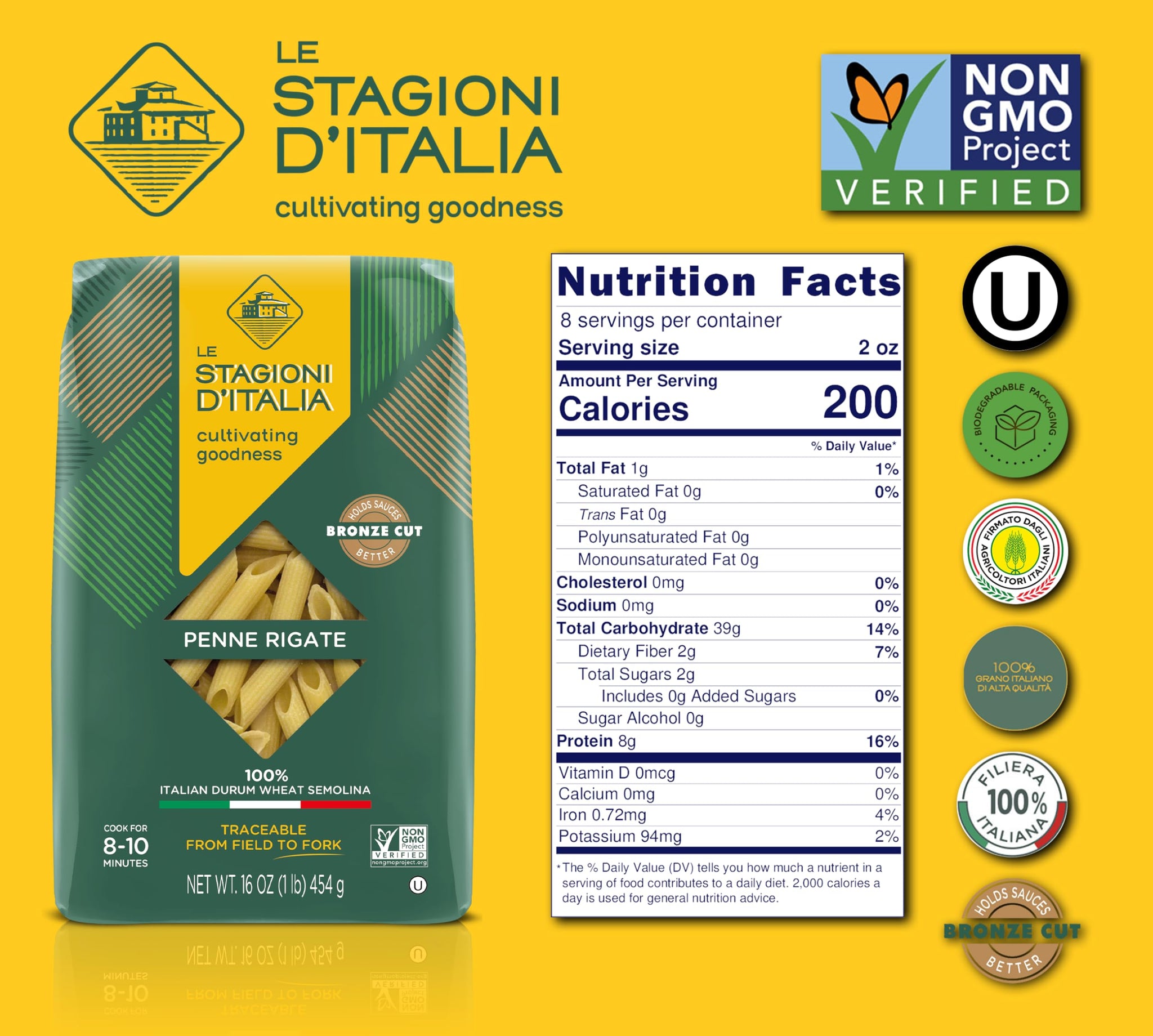 Le Stagioni D’Italia Penne rigate Pasta, 16 oz. Biodegradable Pack (1 pack) - 100% Traceable - Non-GMO Pasta Made with Only 100% Italian Durum Wheat