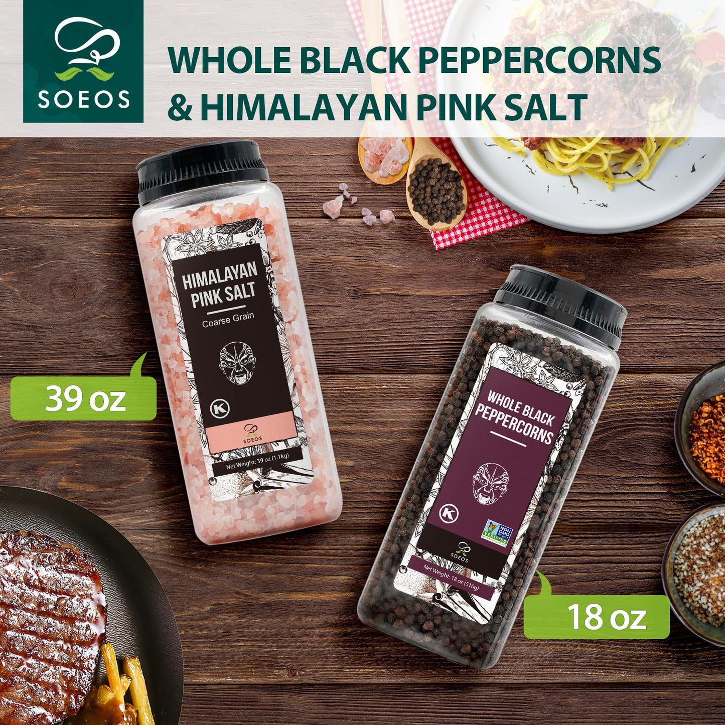 Soeos Himalayan Pink Salt 39 oz + Whole Black Peppercorns 18 oz, Coarse Grain, Kosher Salt for Grinder Refill, Salt and Pepper Grinder, Non-GMO