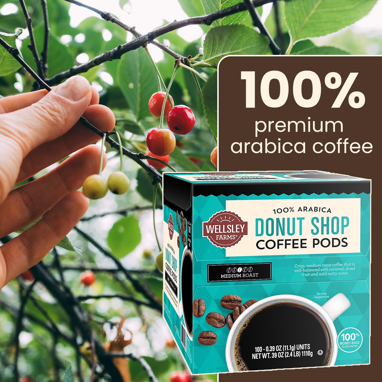 Wellsley Farms Donut Shop Pods | Medium Roast | 100% Arabica | Rich Caramel & Nutty Flavor | Recyclable Single-Serve Pods | Compatible
