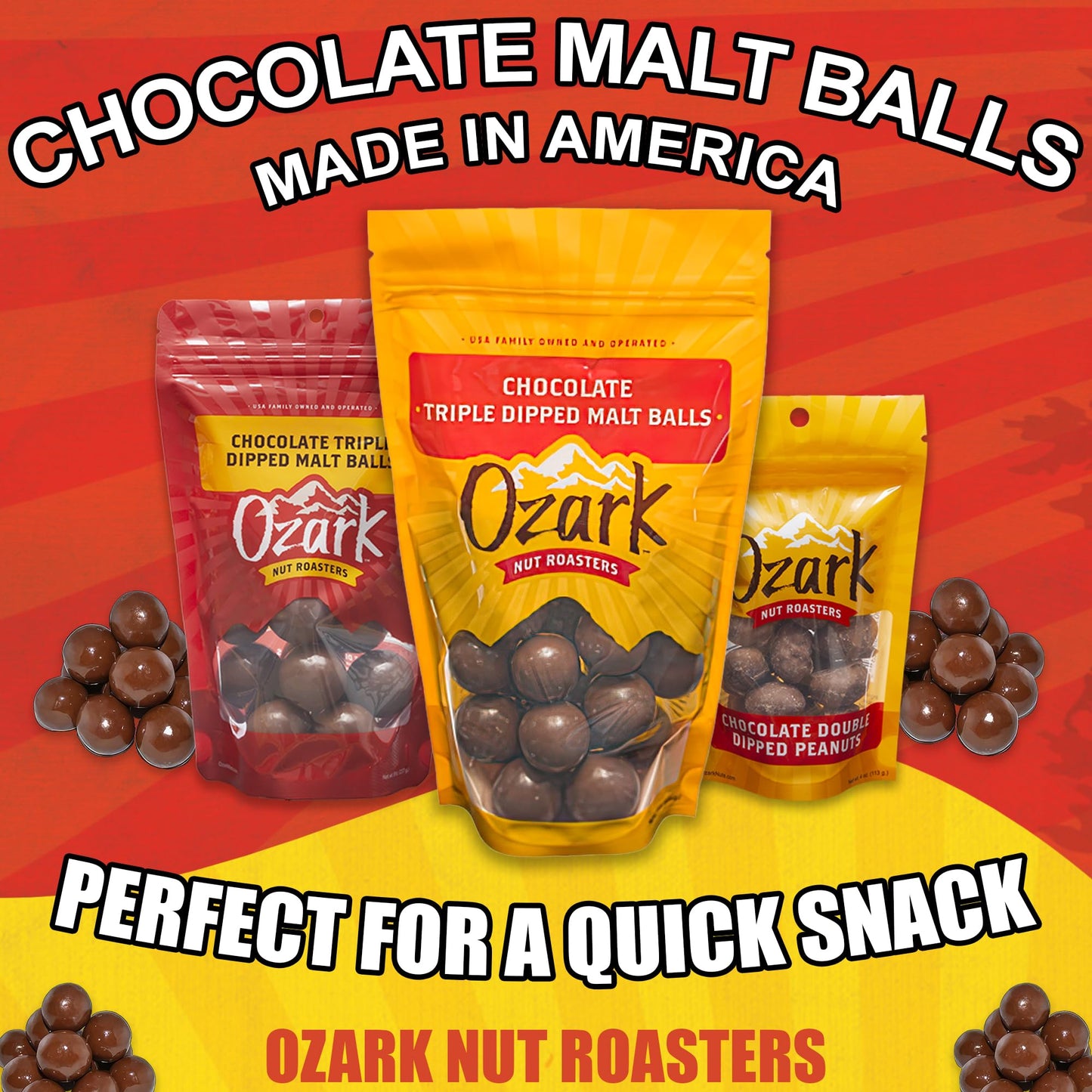 OZARK NUT ROASTERS Chocolate Malt Balls, Gourmet Malted Candy Snack, Rich Chocolate Flavor, Resealable 14 oz Bag, Pack of 1