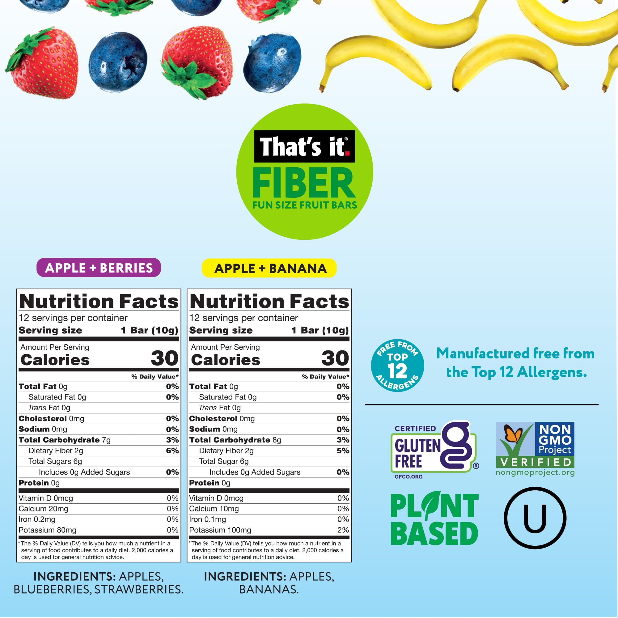 That’s it. Fiber Snacks for Kids - Fiber Fun Size Fruit Bar Variety Pack (Mixed Berries + Banana), 4g Fiber from Fruit per 2 Bars, No Added Sugar, 2-4