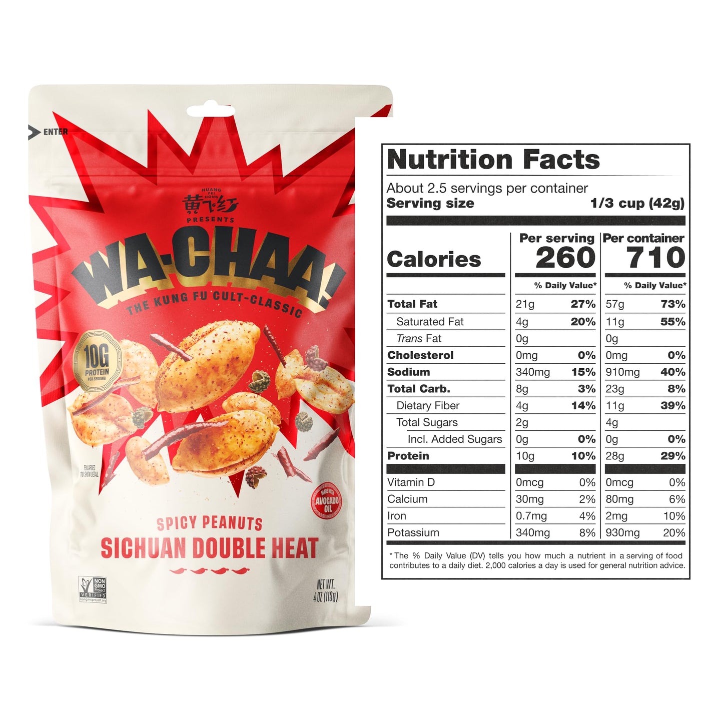 WA-CHAA! Spicy Sichuan Peanuts - Numbing Mala Peppercorns, Toasted Chili Flakes, Avocado Oil, Whole-Food Protein, Party Snacks, Non-GMO, Resealable