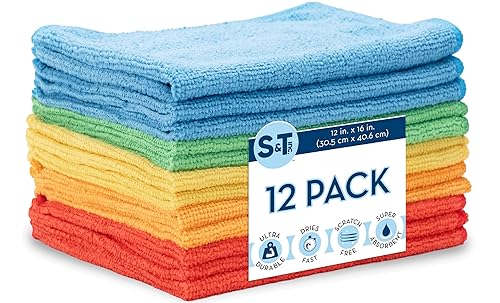 S&T INC. 12 Pack 12" x 16" Microfiber Cleaning Cloth, Bulk Microfiber Towel for Home, Reusable and Lint Free Microfiber Towels for Cars, Assorted