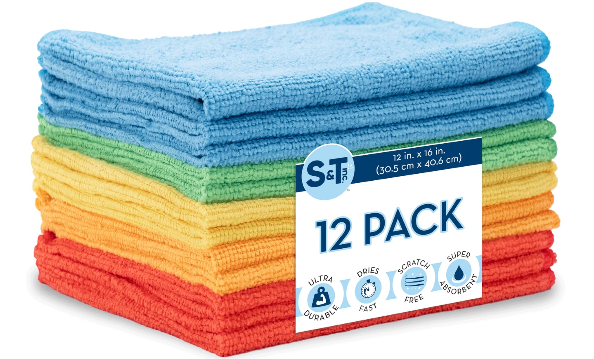 S&T INC. 12 Pack 12" x 16" Microfiber Cleaning Cloth, Bulk Microfiber Towel for Home, Reusable and Lint Free Microfiber Towels for Cars, Assorted