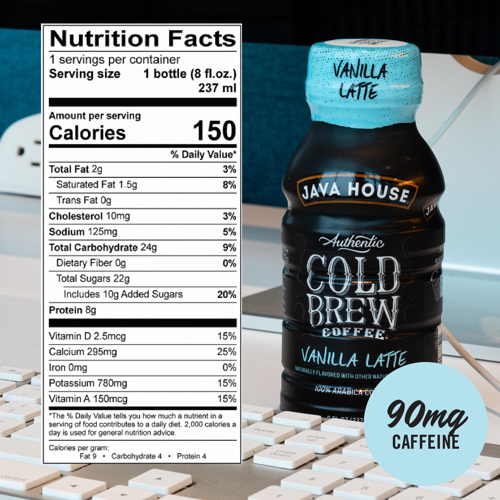 Java House Cold Brew Coffee, 6 Pack of 8oz Bottles, Ready to Drink Instant Cold & Iced Coffee (Vanilla Latte)