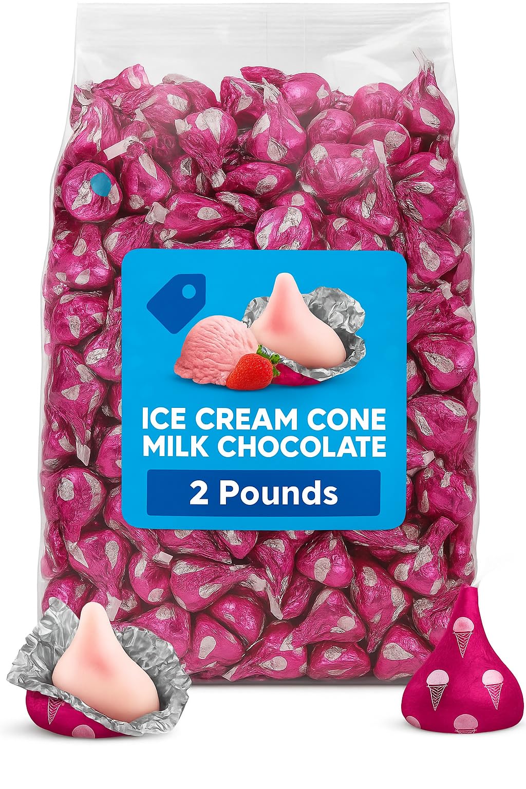 Bulk Strawberry Ice Cream Cone Flavored Candy 2 Pound Bag - Bulk Individually Wrapped Milk Chocolate Candy for Parties, Buffets, Gifts, and Treats