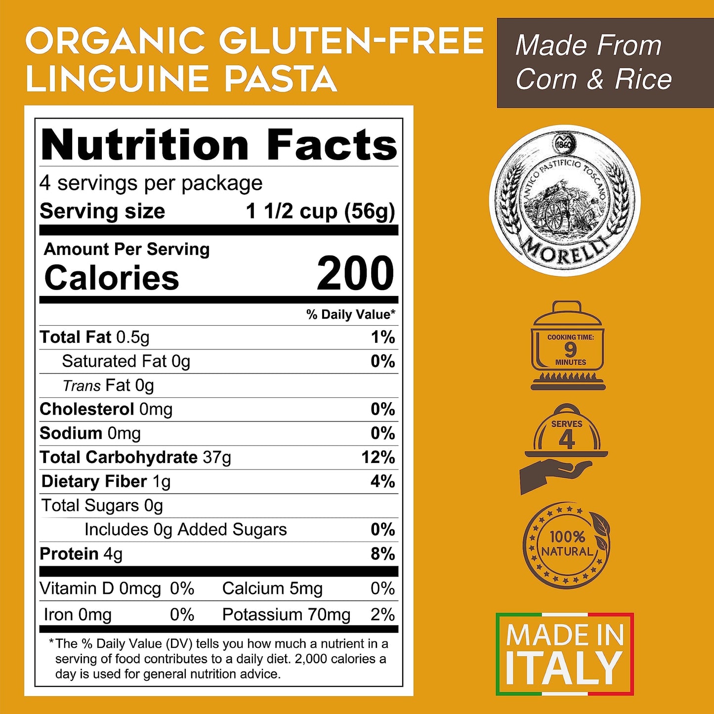 Morelli Organic Gluten Free Linguine Pasta Made with Corn - Vegan Corn Noodles, Imported Organic Pasta from Italy, Italian Gourmet Food - 8.8 oz