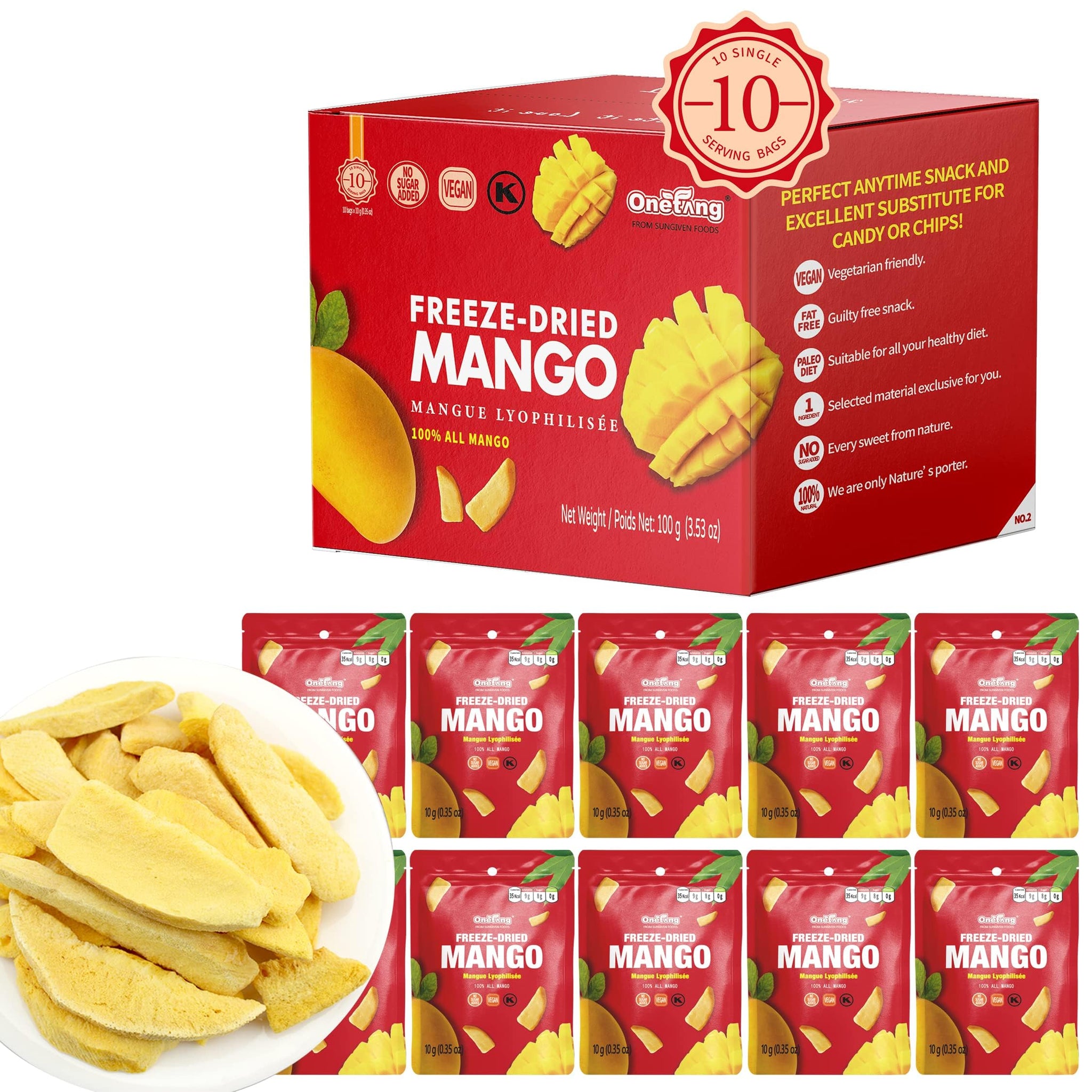 ONETANG Freeze-Dried Fruit Mango Chips, 10 Pack Single-Serve Pack, Non GMO, Kosher, No Add Sugar, Gluten free, Vegan, Holiday Gifts, Healthy Snack