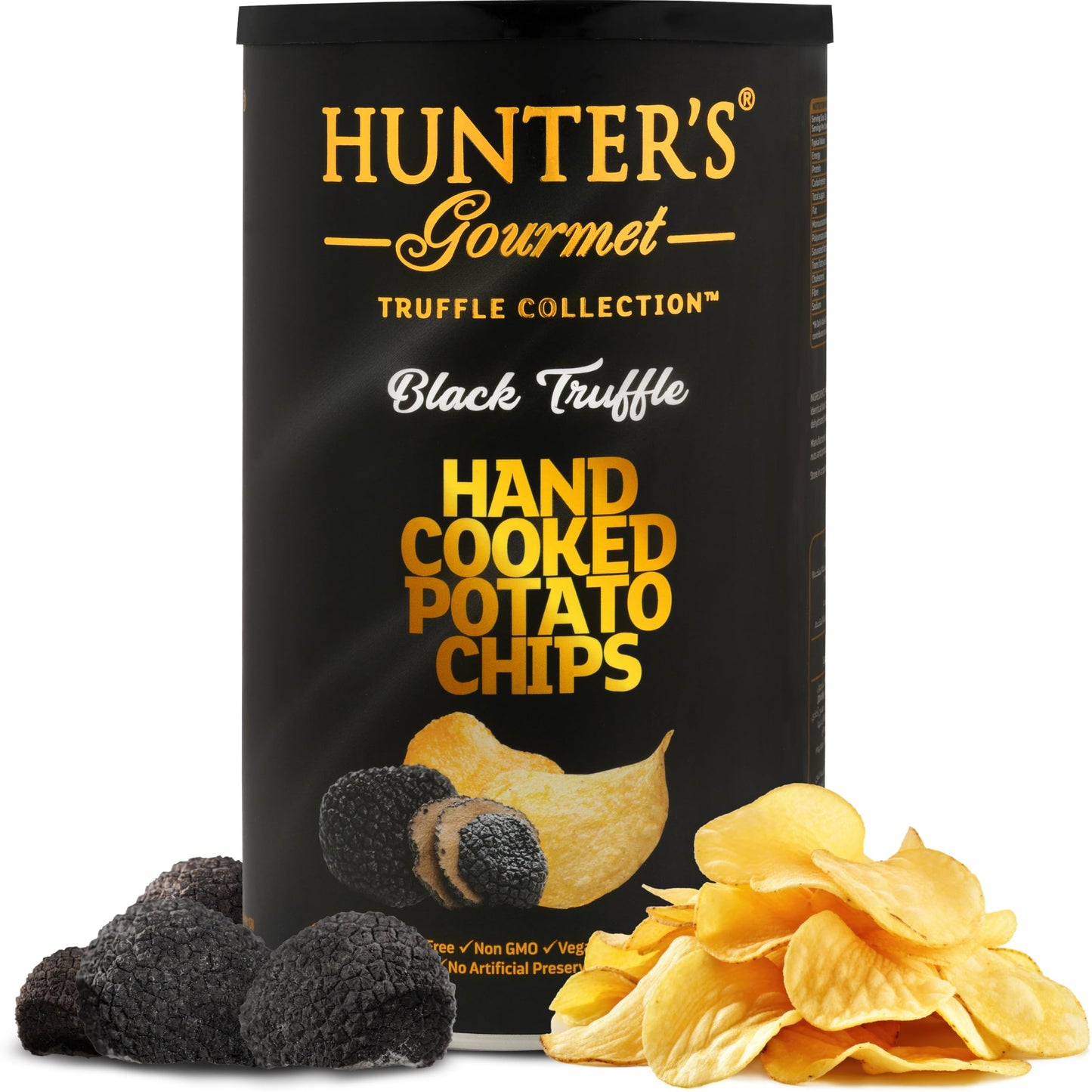 HUNTER'S Gourmet Dubai Black Truffle Crisps | Handcut Vegan & Gluten-Free Chips | Made in Nut-Free Facility | No Artificial Colors | Premium Can |