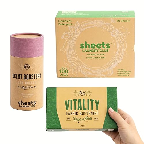 Sheets Laundry Club Bundle - 50 Pack (up to 100 loads) Fresh Linen Detergent Sheets, 40 Pack Vitality Dryer Sheets & 8 Oz. Sea Breeze Scent Booster