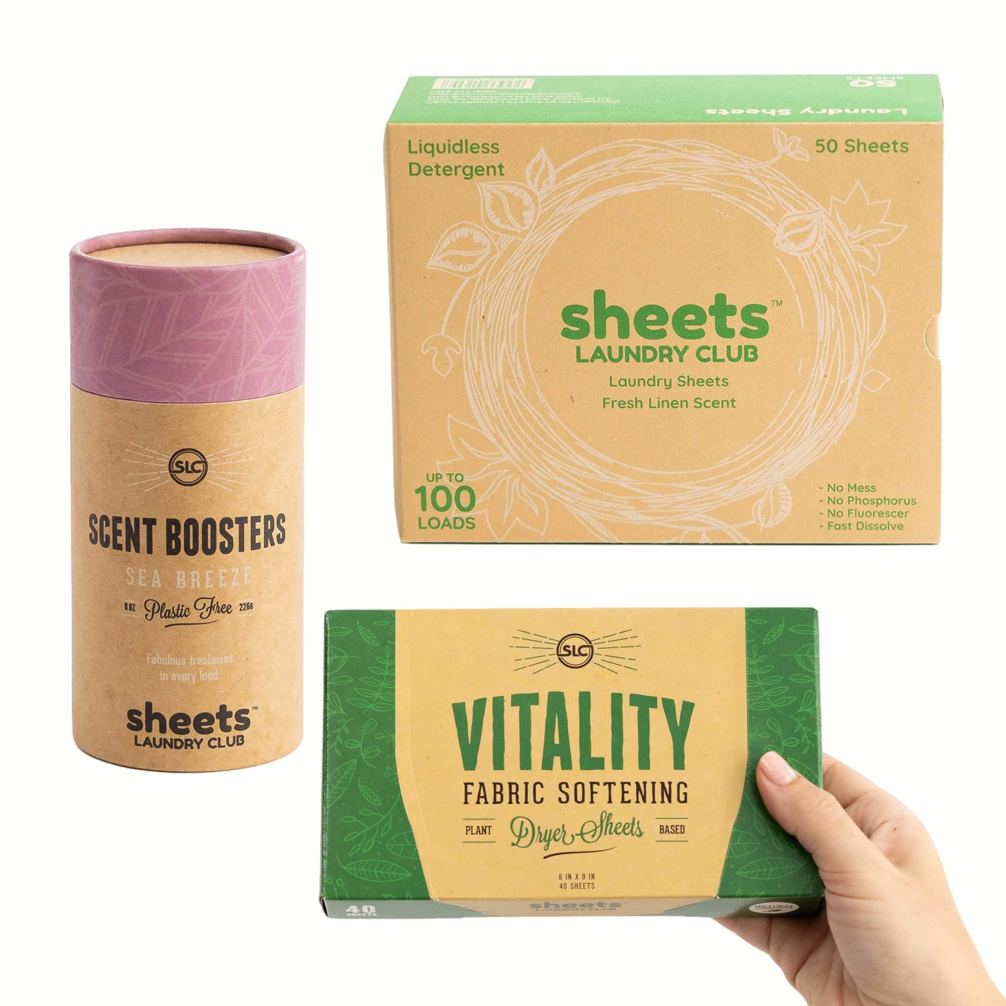 Sheets Laundry Club Bundle - 50 Pack (up to 100 loads) Fresh Linen Detergent Sheets, 40 Pack Vitality Dryer Sheets & 8 Oz. Sea Breeze Scent Booster