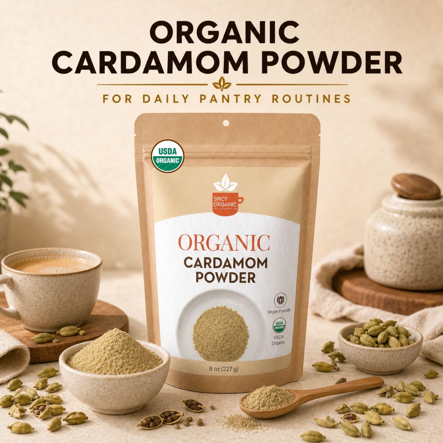 SPICY ORGANIC Ground Cardamom, 16 oz. - Fresh Cardamom Powder - Also Known as Elaichi, Cardamon - USDA Certified Organic, Gluten-Free, Non-GMO