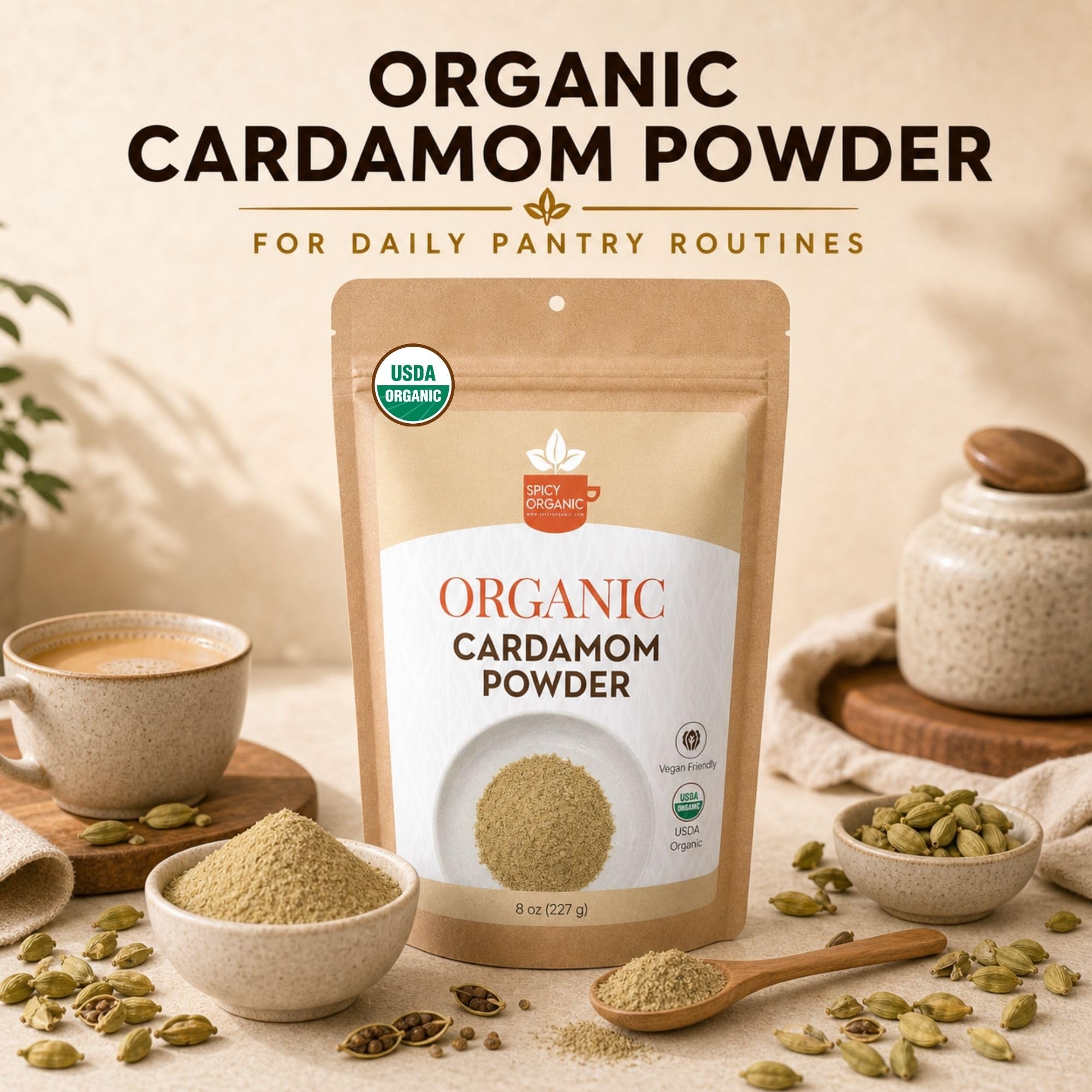 SPICY ORGANIC Ground Cardamom 2 lbs. - Fresh and Aromatic Cardamom Seed Powder for Cooking, Baking, Seasoning, and Tea - USDA Certified Organic
