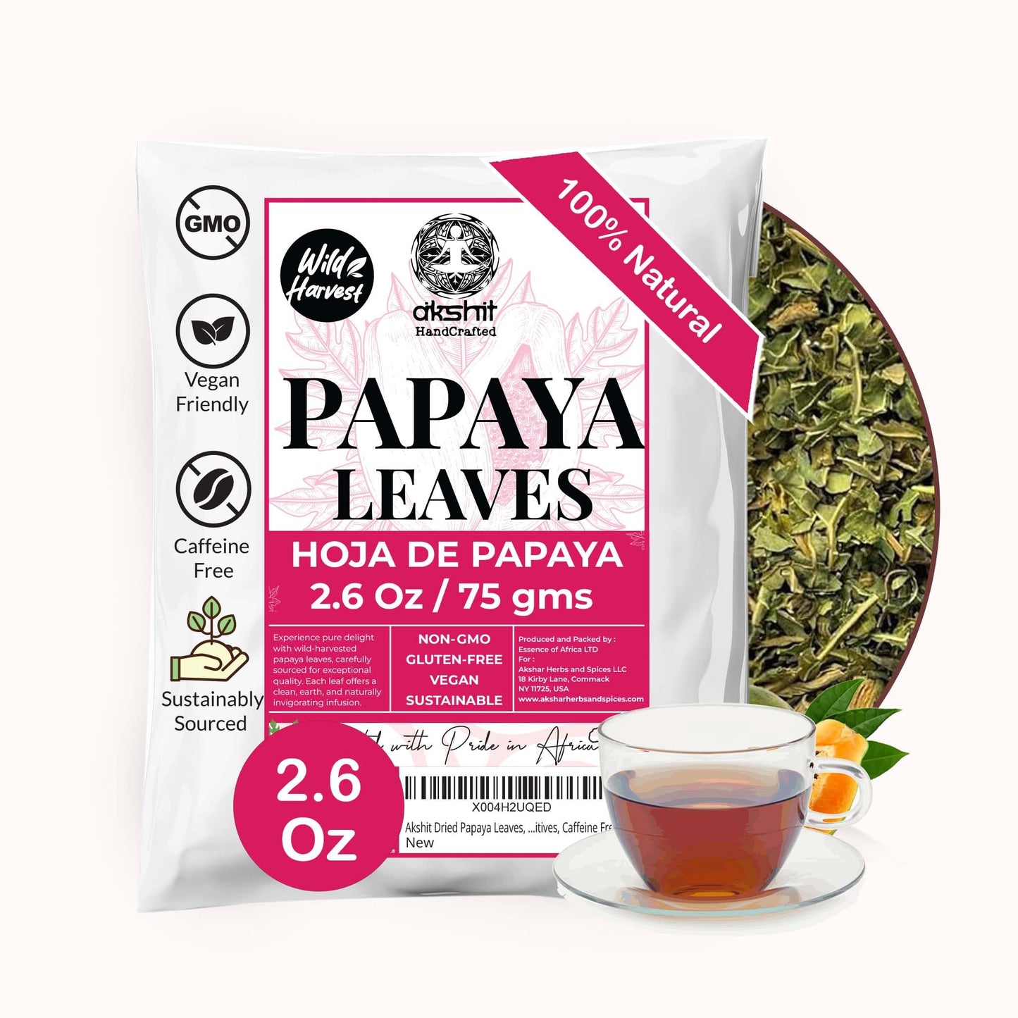 Akshit Dried Papaya Leaves, Leaf Tea, 100% Natural Green Papaya Leaf, 2.6oz, Dried Loose Leaves, Non GMO, No Additives, Caffeine Free.