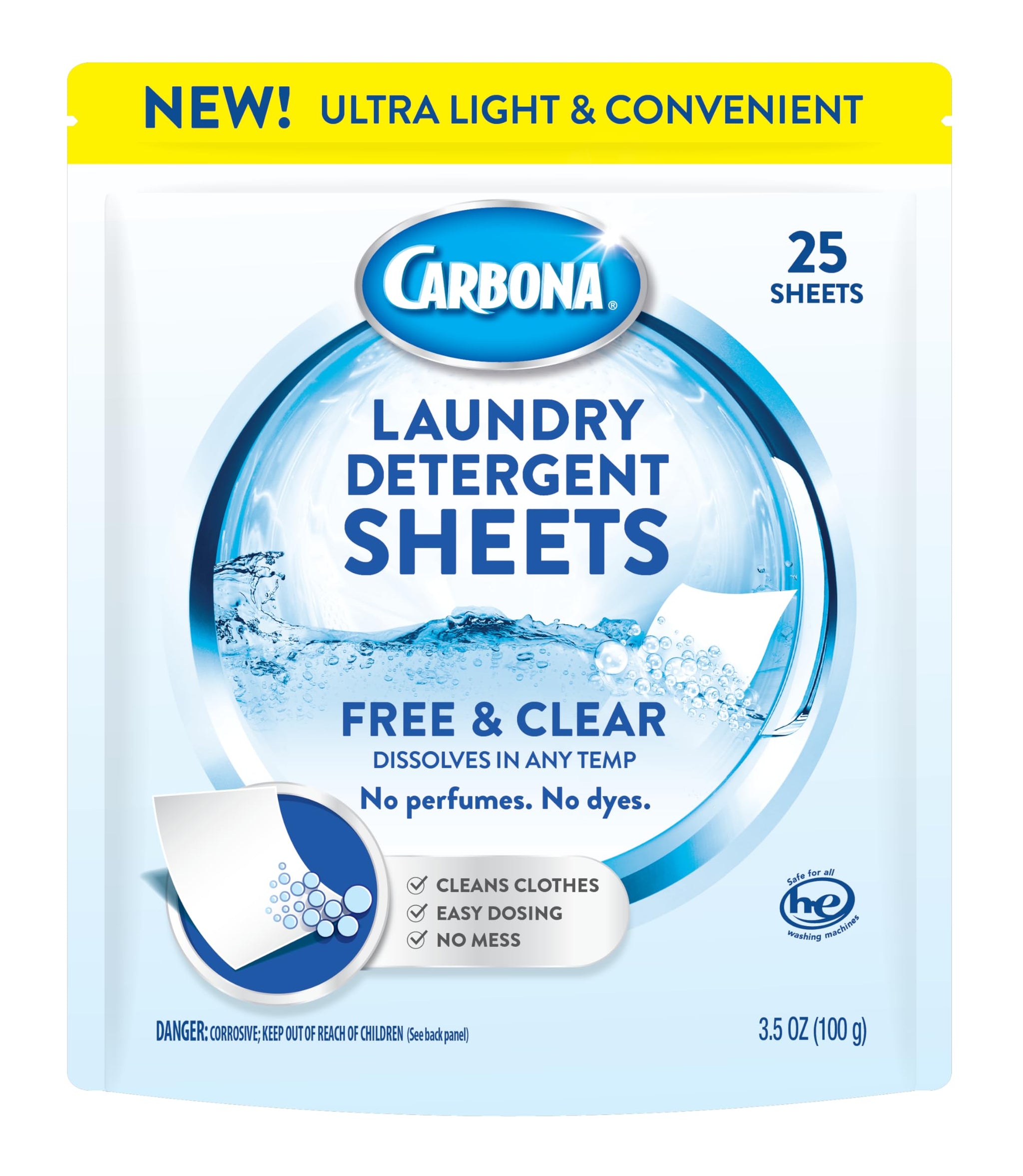Carbona Laundry Detergent Sheets | Eco-Friendly Washing Detergent | Up to 50 Loads (25 Sheets) | Stain Remover | No Perfume or Dyes | Free & Clear