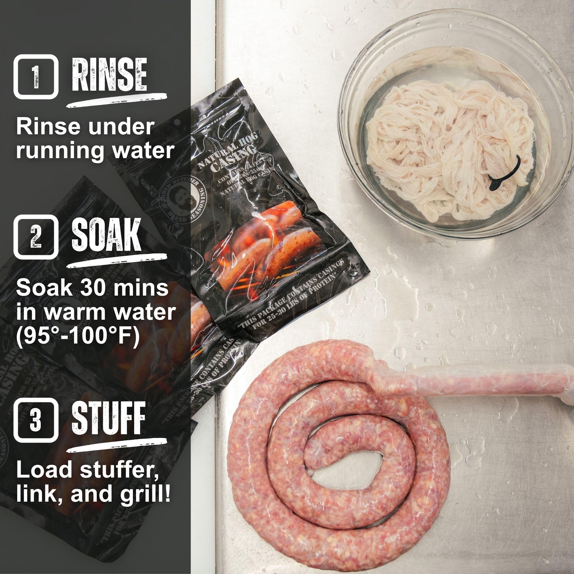 Bearded Butchers Natural Hog Casings 32-35mm - Pre-Flushed, Edible Sausage Casing for 25-30 lbs of Meat - Resealable Bag for Easy Storage - Bratwurst