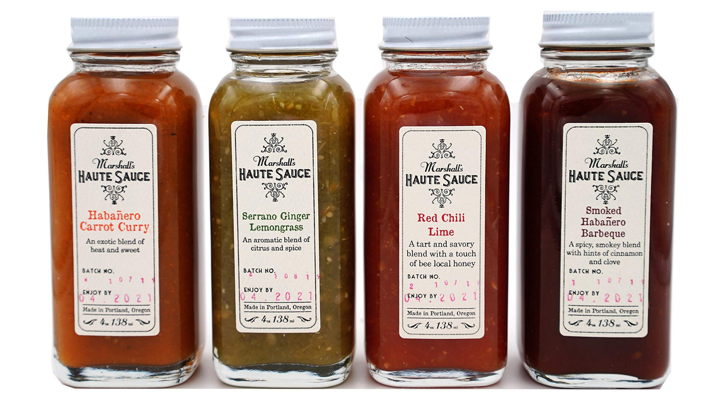 Marshall's Haute Sauce - Hot Sauce Sampler, 16 fl oz, Variety Pack of 4 flavors w/ Red Chilli Lime, Smoked Habanero BBQ, Habanero Carrot Curry,