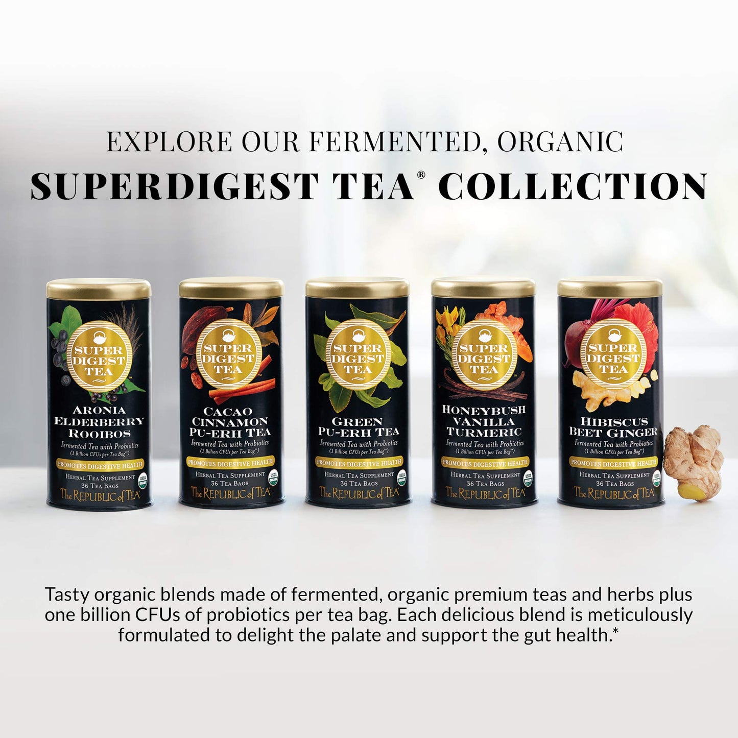 The Republic of Tea Organic Hibiscus Beet Ginger SuperDigest Tea® Herbal | Probiotic Tea Bag (36 count)