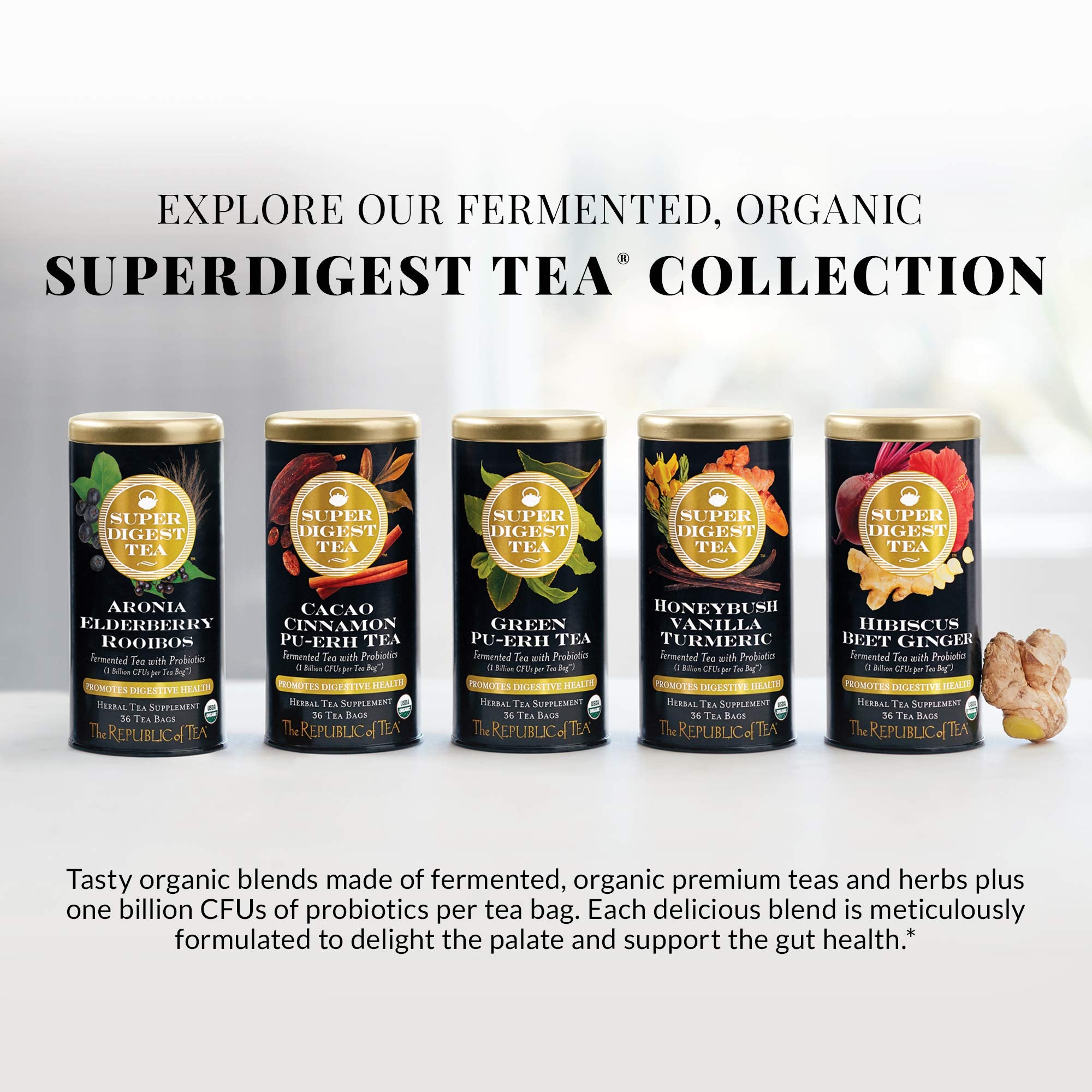 The Republic of Tea Organic Hibiscus Beet Ginger SuperDigest Tea® Herbal | Probiotic Tea Bag (36 count)
