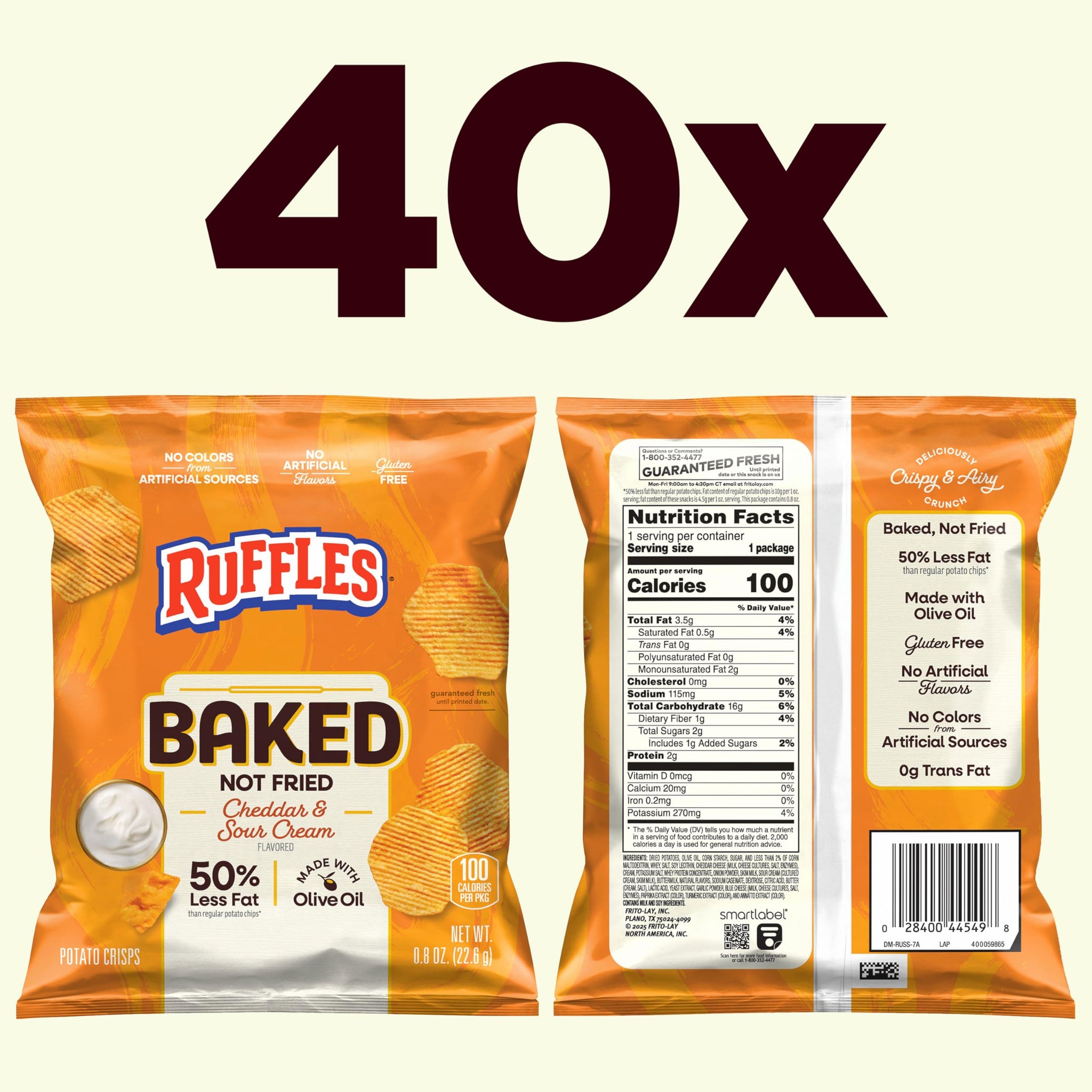 Baked Ruffles Potato Chips, Cheddar & Sour Cream, 0.875 oz Bags, (40 Pack), 50% Less Fat, Gluten Free, No Artificial Flavors, No Colors from