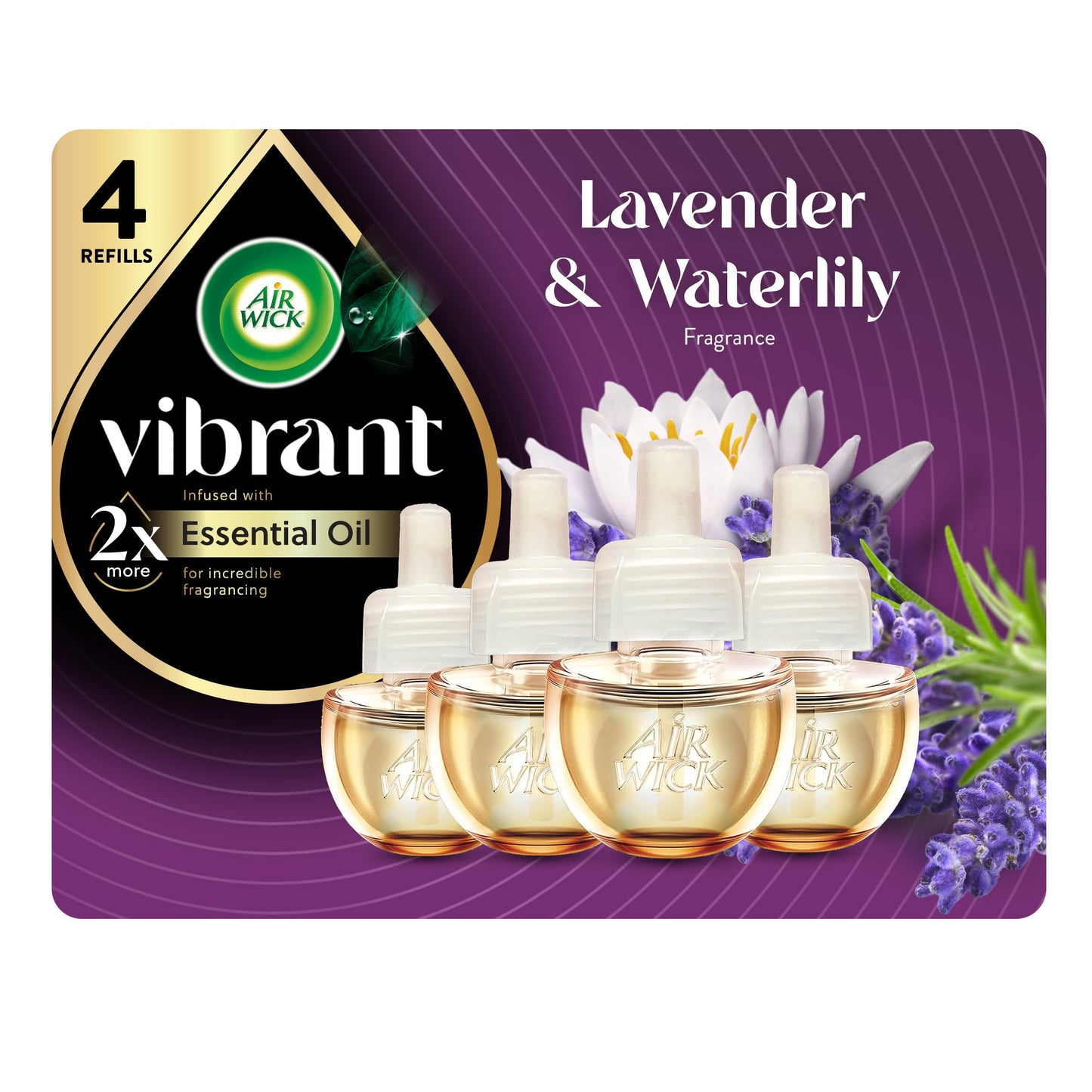 Air Wick Vibrant Plug In Scented Oil Refill, Infused with Essential Oils, Plug In Air Fresheners for Home, Lavender & Waterlily, 4 ct