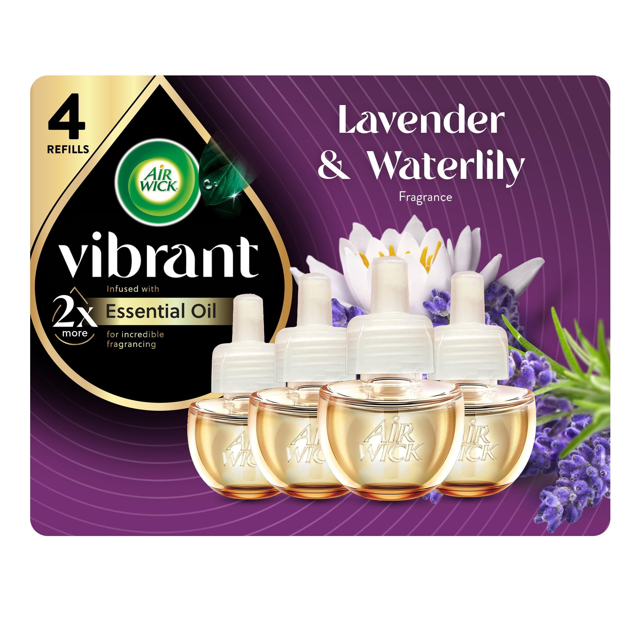Air Wick Vibrant Plug In Scented Oil Refill, Infused with Essential Oils, Plug In Air Fresheners for Home, Lavender & Waterlily, 4 ct