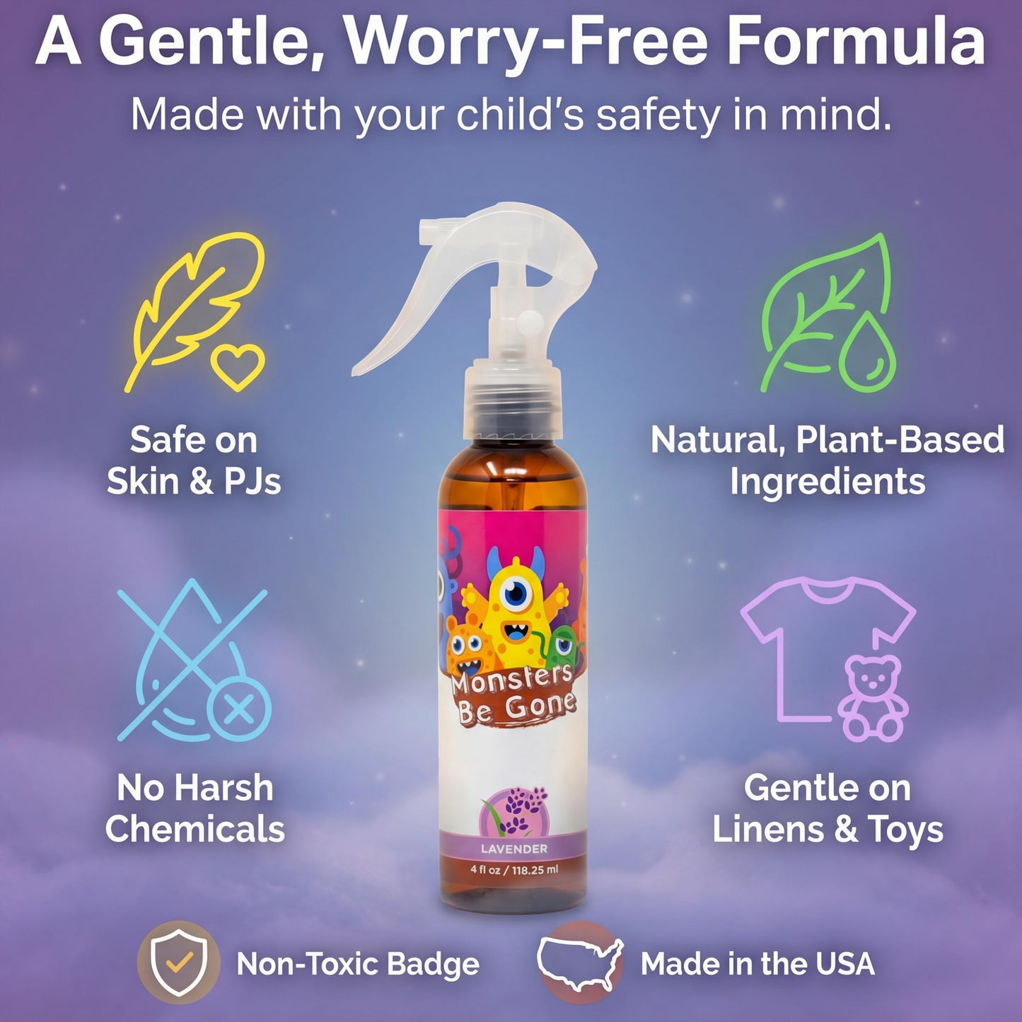 Monsters Be Gone Body and Linen Spray Lavender Odor Neutralizer Natural Non-Toxic Child Confidence Builder Room Freshener