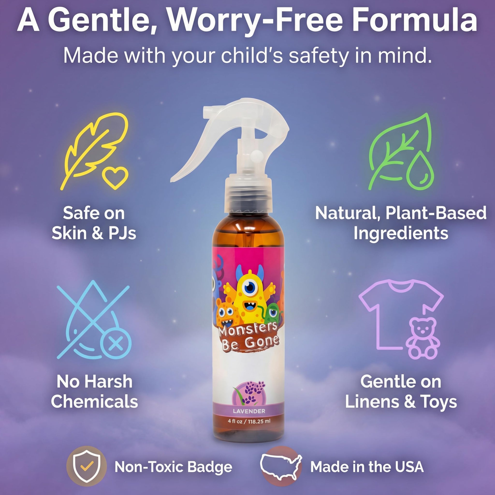 Monsters Be Gone Body and Linen Spray Lavender Odor Neutralizer Natural Non-Toxic Child Confidence Builder Room Freshener