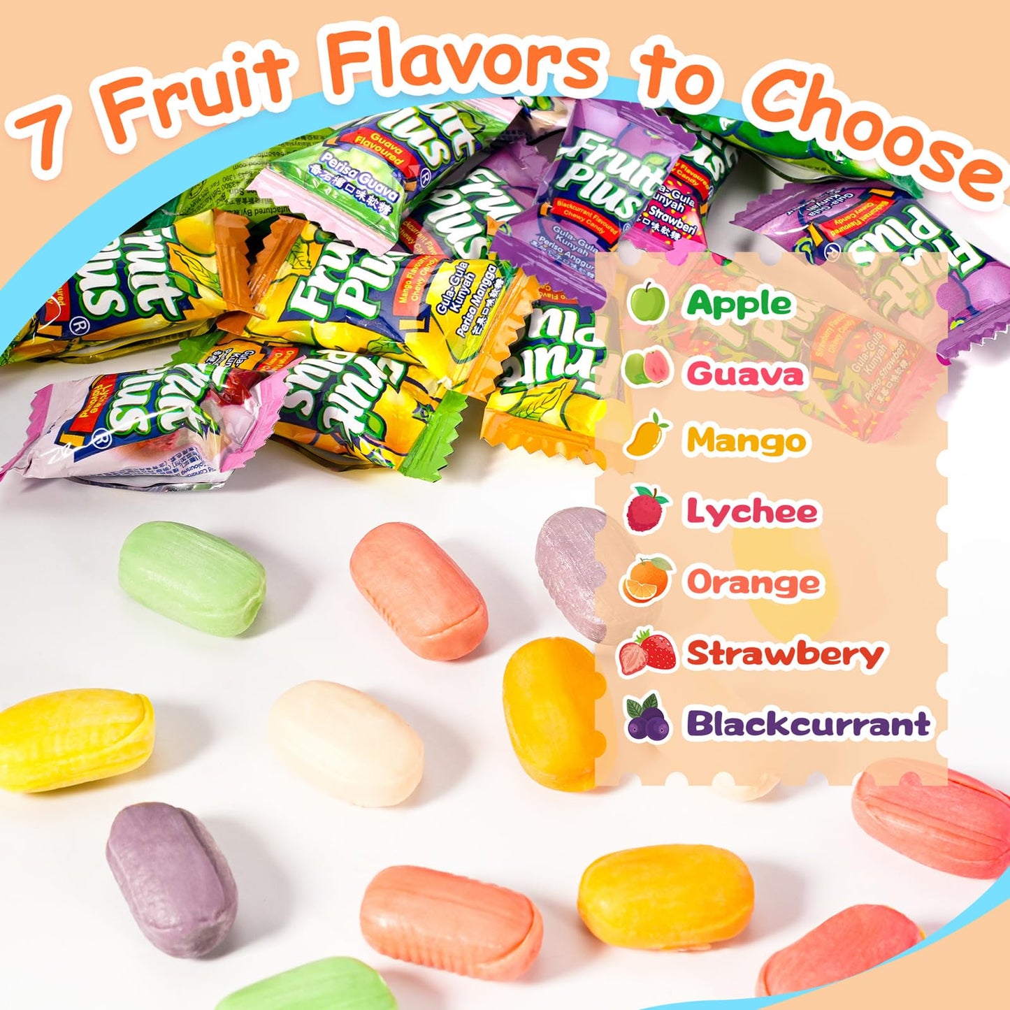 Fruit Plus Chewy Candy, Malaysian Individually Wrapped Bulk Candy, Fruit Snacks for Halloween Christmas Party, Non-Melting, 4.2 Oz Bag (Approx. 39