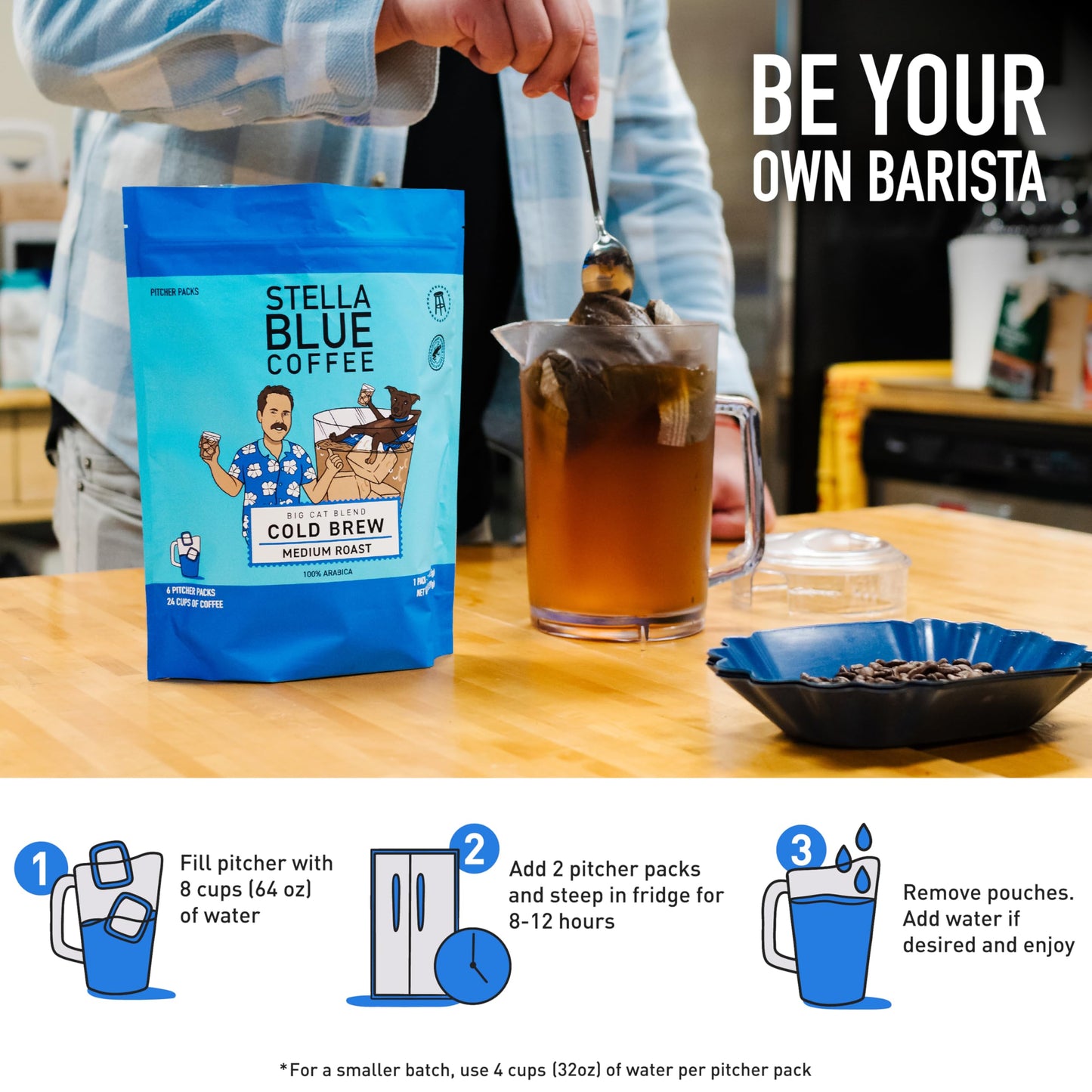 Stella Blue Cold Brew Coffee Bags, Big Cat Blend, Medium Roast Ground Coffee, Smooth, Bold and Refreshing 100% Arabica, 6 Brew Packets, Makes 24 Cups