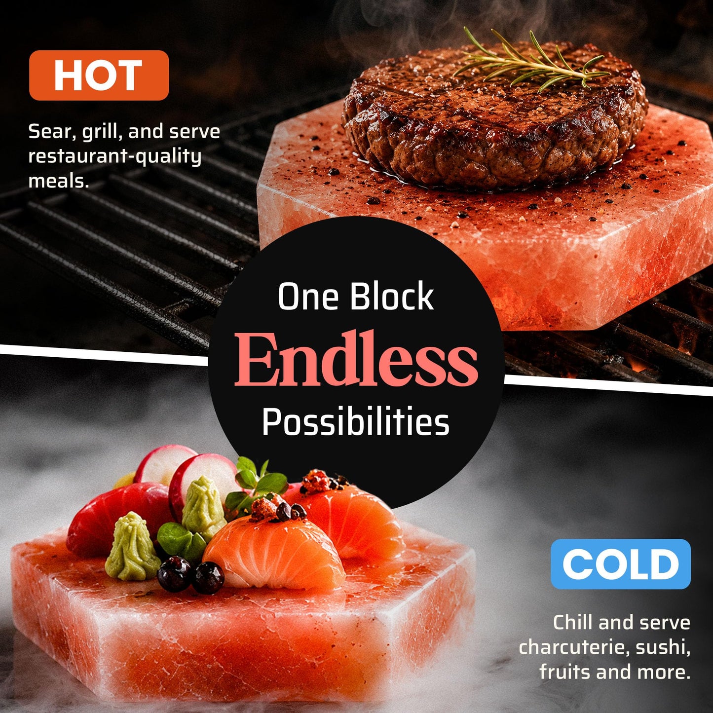 UMAID Sizzle Block™ Himalayan Salt Block 2 Pack (6" Hexagon) - Food Grade Himalayan Salt Slabs for Burgers, Steak, Seafood & Vegetables - Heat