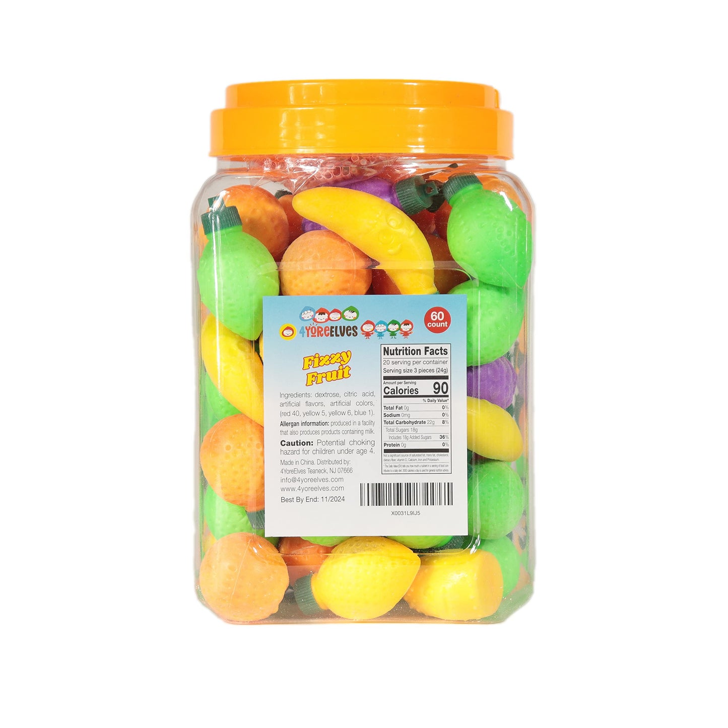 60 Fruit Shaped Fizzy Candy Powder, With Hanging Hole Caps for Decorative Stringing, Great for Hanging on Christmas Trees, Fun and Unique 90’s Retro