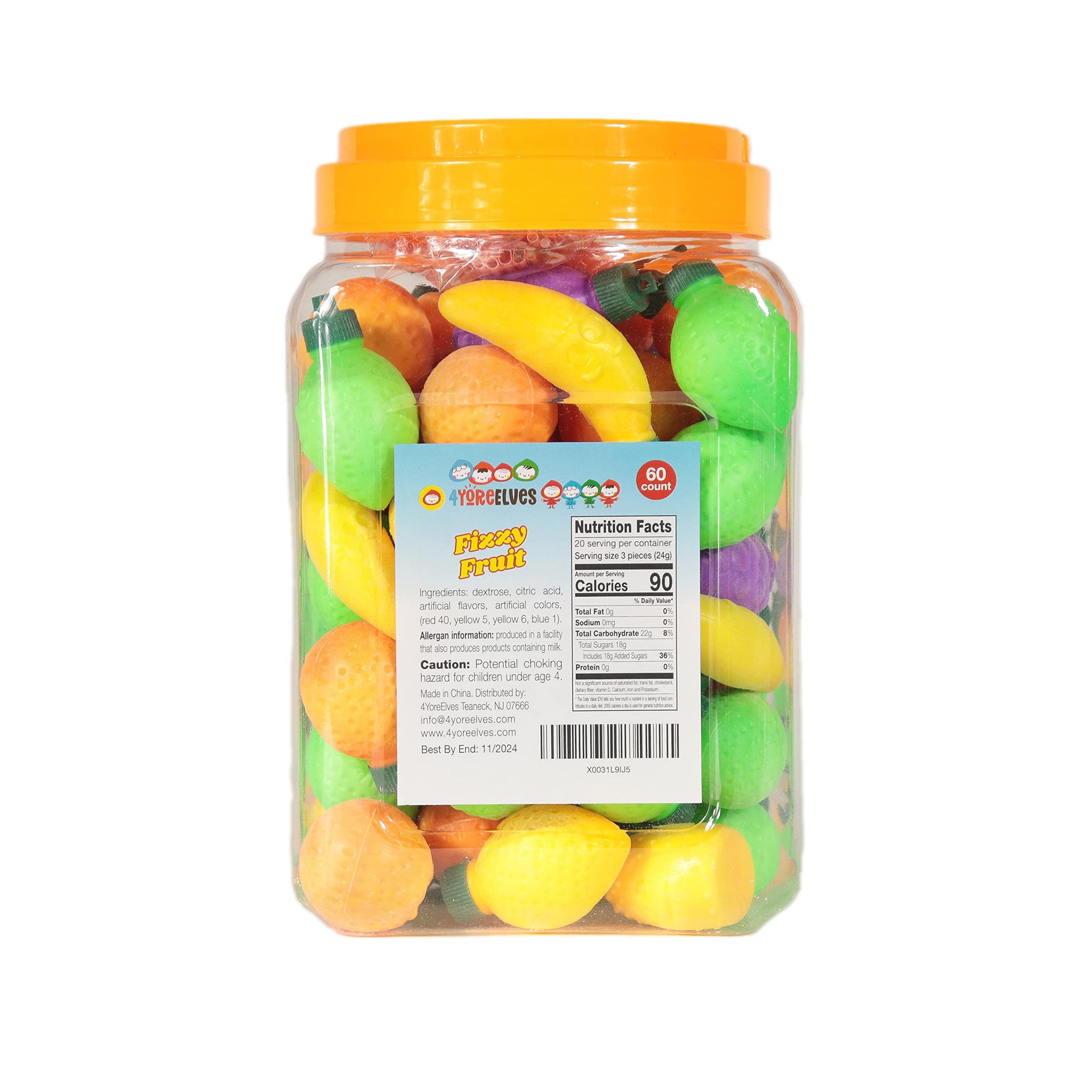60 Fruit Shaped Fizzy Candy Powder, With Hanging Hole Caps for Decorative Stringing, Great for Hanging on Christmas Trees, Fun and Unique 90’s Retro