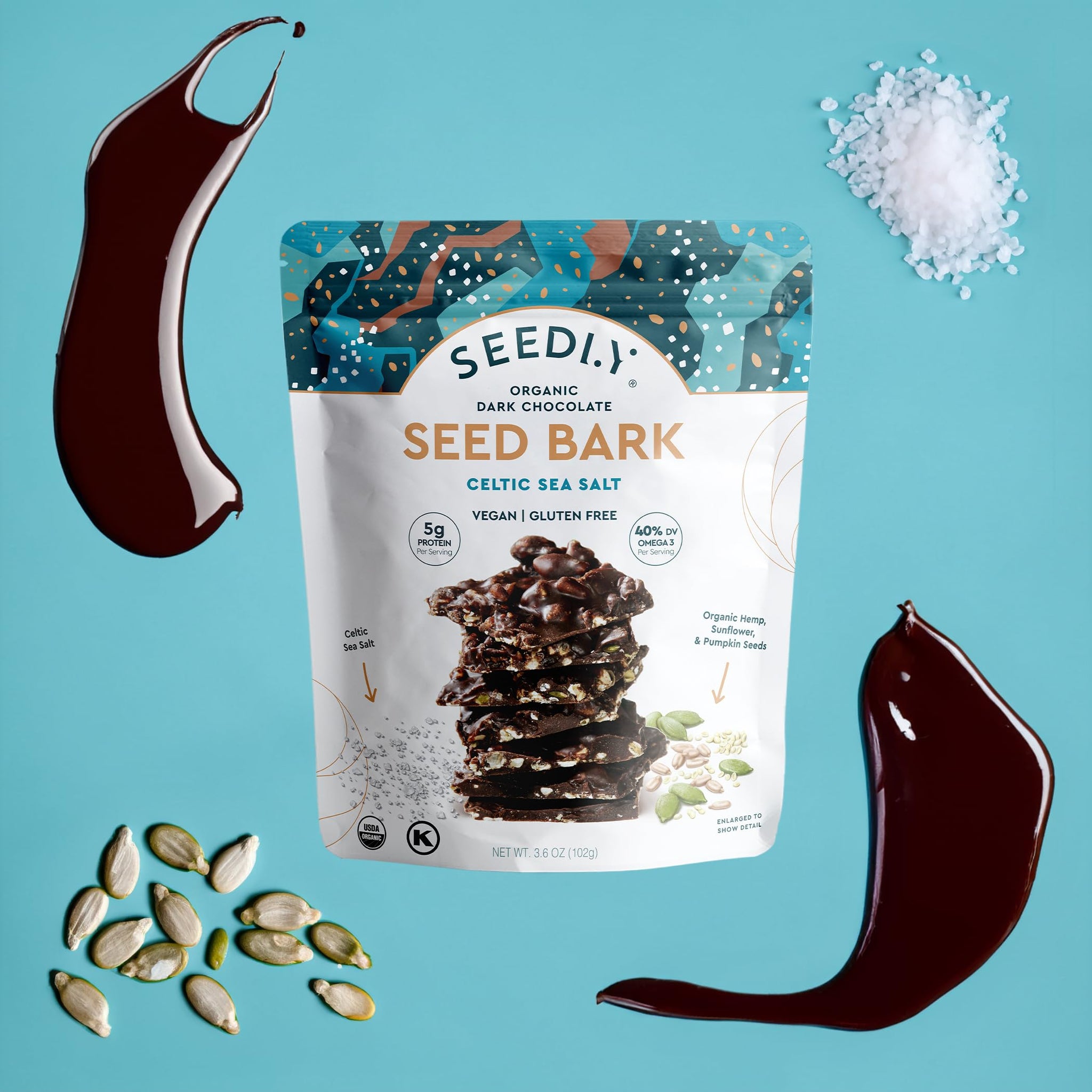 Seedly, Bark Seed Dark Chocolate Celtic Sea Salt Organic, 3.6 Ounce
