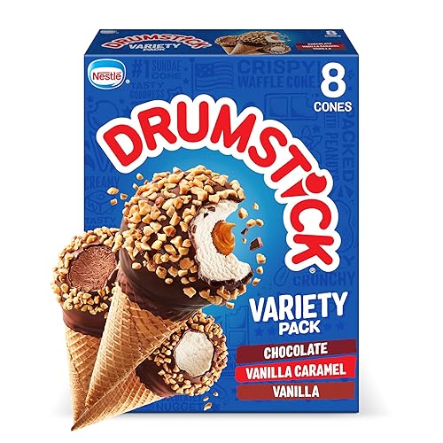 Drumstick Variety Pack, Vanilla/Vanilla Caramel/Chocolate Sundae Cone, 8 Count (Frozen)