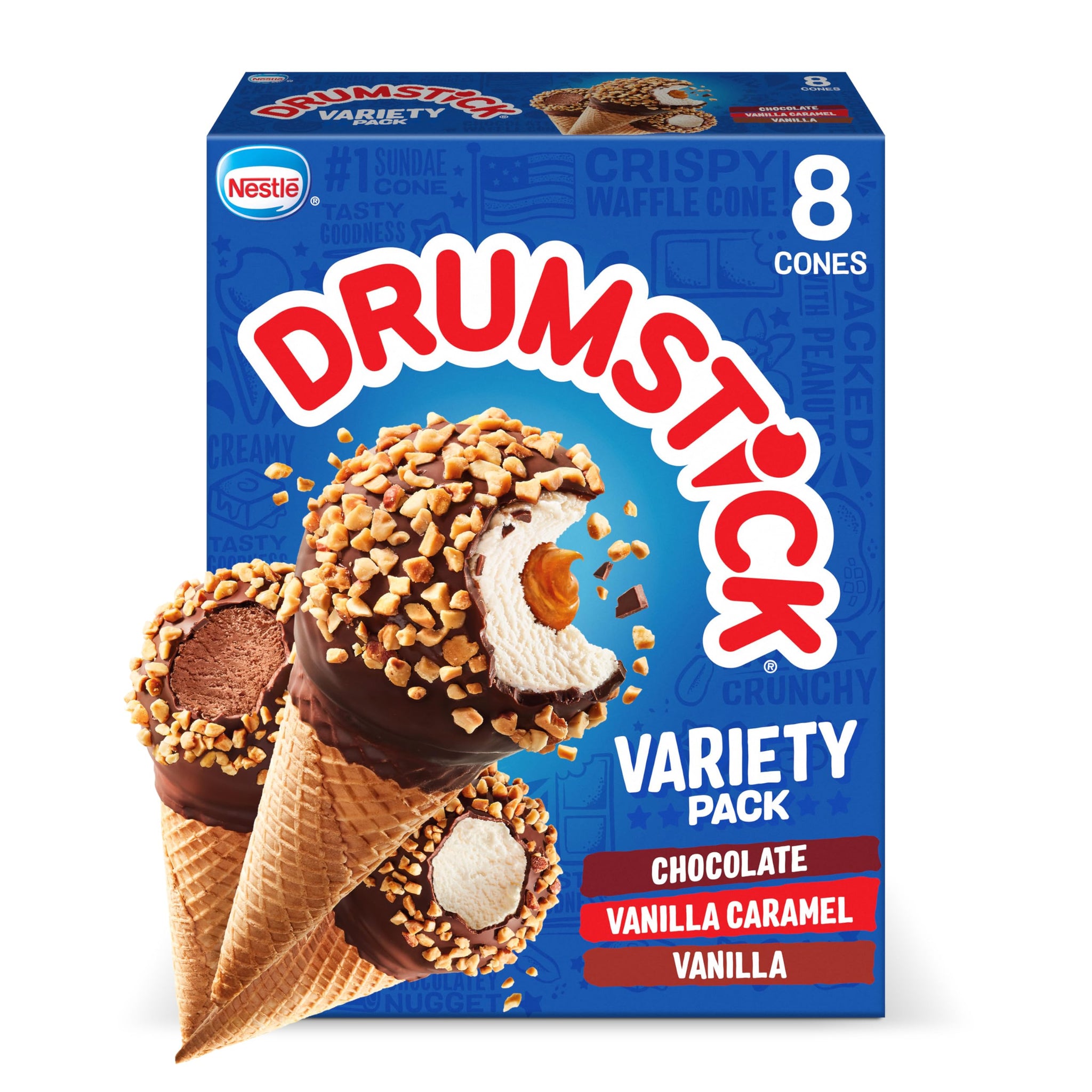 Drumstick Variety Pack, Vanilla/Vanilla Caramel/Chocolate Sundae Cone, 8 Count (Frozen)