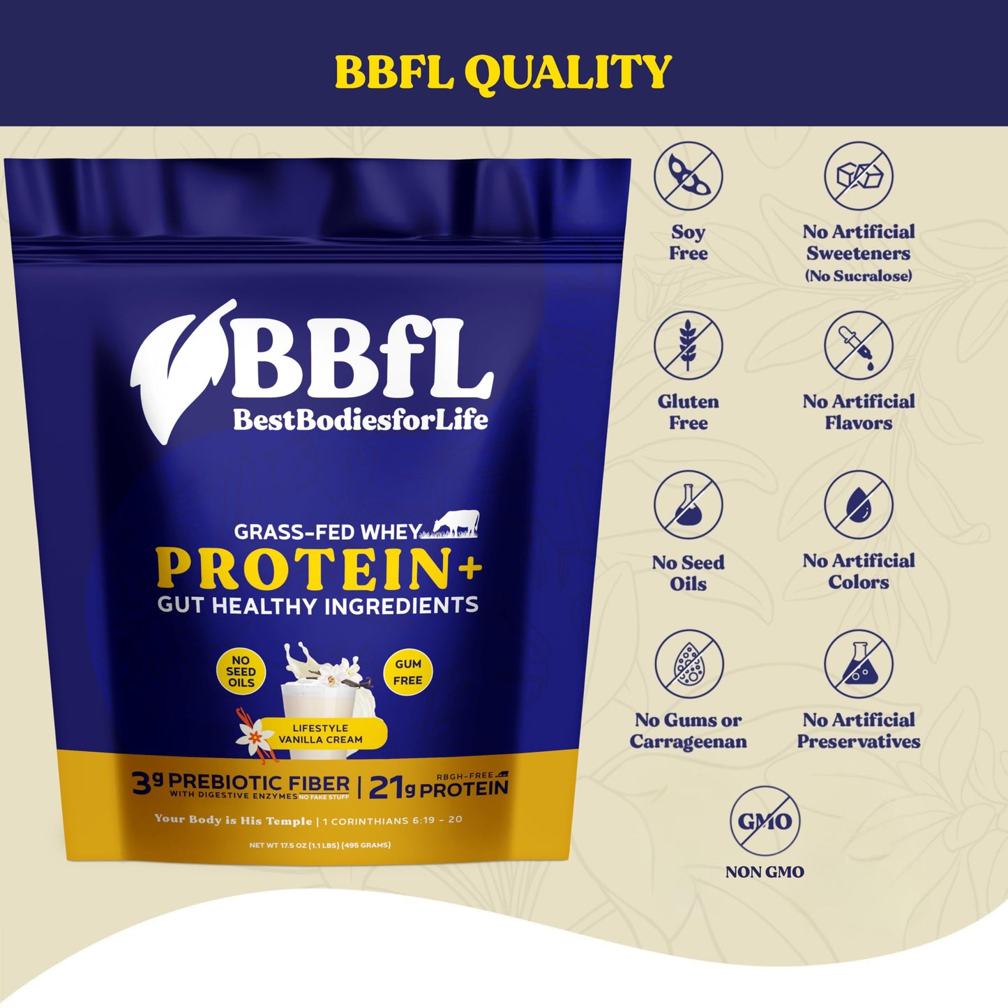 BBfL Grass-Fed Whey Protein Shake - 21g rBGH-Free Protein, Vanilla Bean + Apple Cider Vinegar, Prebiotics, Digestive Enzymes, Supports Gut Health