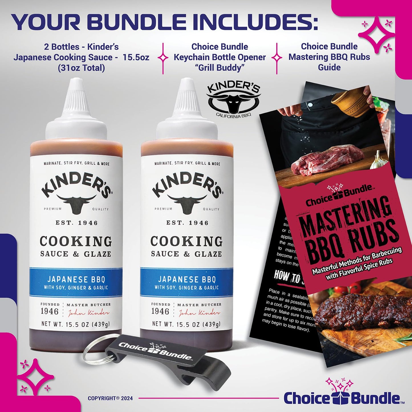 Kinder’s Japanese BBQ Cooking Sauce & Glaze 2 Pk (31 oz) - with Soy, Ginger & Garlic to Marinate, Stir-Fry Grill + Barbecue Guide & Bottle Opener (4